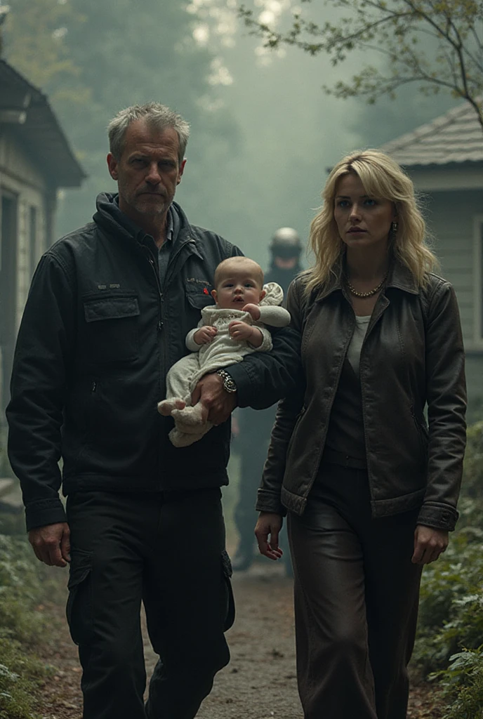 blonde girl detective with a magnifying glass detecting a dead body. And two blonde boys hiding at the back behind the trees like shadows in the forest