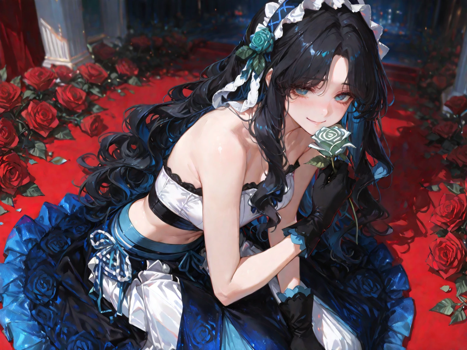 Detailed image of a woman wearing a long skirt tight cheongsam、Deep slit、sleeveless、black gloves、sexypose、fishnet tights、garterbelts、Sweaty、Heart in the eye、A slender、Mysterious、Toro Face、Navel out、long inseam dress、D-cups、