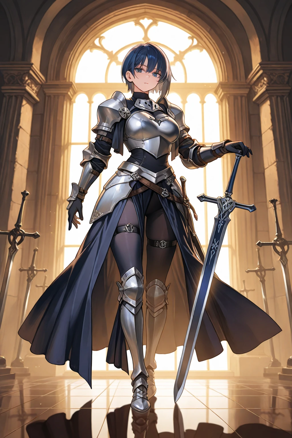perfect face,An RPG-style necromancer, a female swordsman, stands in the dimly lit halls of an ancient castle, woman with dragon horns and dragon tail (midnight blue color) standing with two long swords, long leather coat with two small metal shoulder pads, cream-colored dress with belts, long boots, walking with swords in hand, on the floor lifeless bodies of soldiers in armor with faces hidden by helmets