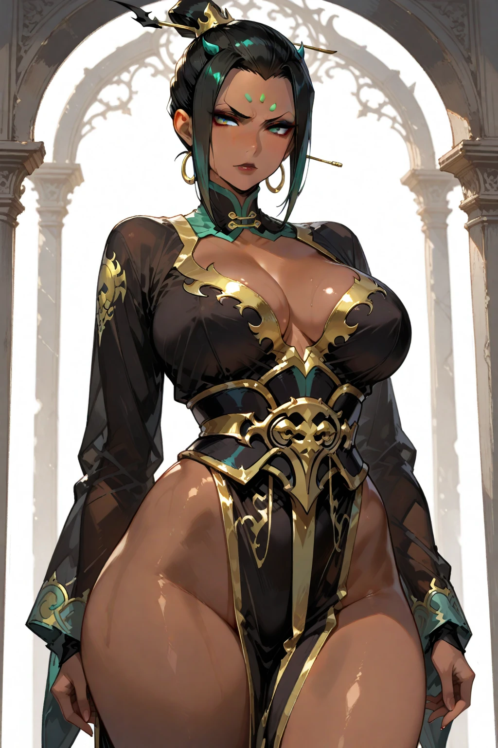 ((Detailed face)),((Mucha's style)),(vulgar),(portrait),((African woman)),Tits that are too big,green hair,forehead,((addiction to sex))((sexy Heavily armoured warrior)),Erect , (cowboy shot:1.6)
