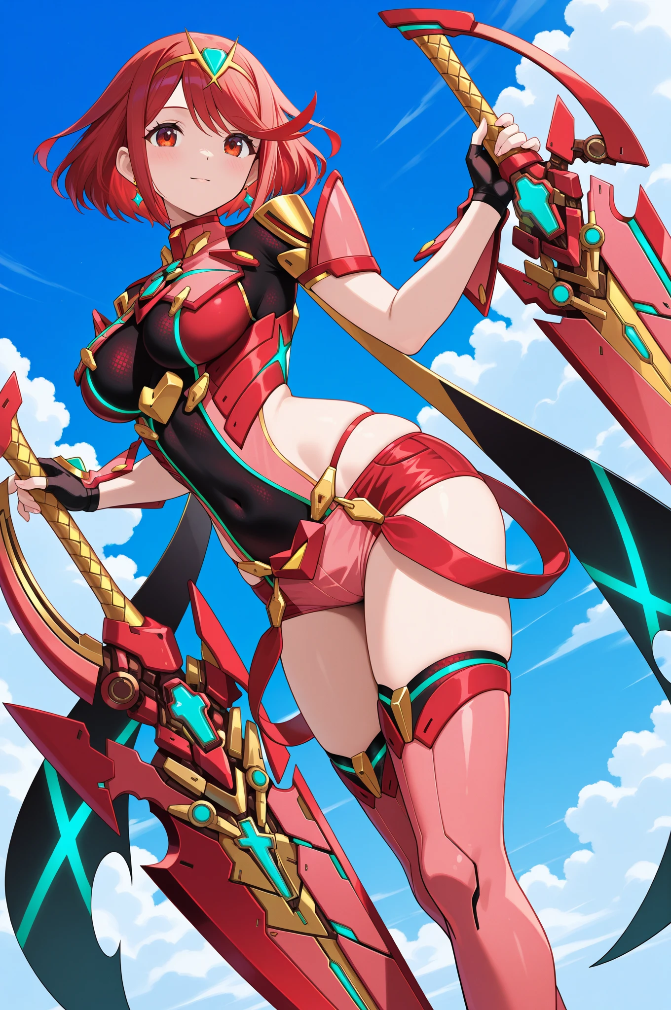 pyra \(xenoblade\), teen_1girl, loli, bangs, black gloves, , red eyes, shout, earrings, eyelashes, fingerless gloves, floating hair, , gem, gloves, hair ornament, headpiece, jewelry, , leaning back, swimsuit, neon trim, official art, pose, red hair, saitou masatsugu, short hair, sidelocks, skin tight, solo, swept bangs, thighhighs, tiara, fantasy_town_background, underbust, xenoblade chronicles \(series\), (xenoblade chronicles 2), (:1.1), fire_effect,dynamic_pose,fighting,light_smile, (plump:1.1), big_ass,huge_sword, hold_large_sword_hilt, covered_nipples, covered_pussy, fists,ponytail,beautiful_fingers,(solo:1.1), bare_shoulder,(shoulder_naked:1.2), nipple_jewel,