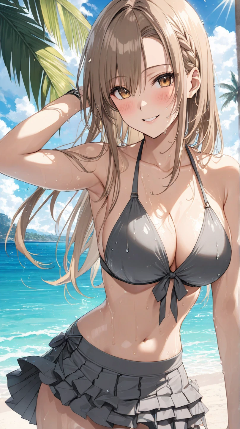 ((masterpiece, best quality,  high quality, highres,)) 
outdoors, beach,
partially submerged, wet clothes, wet, 
 looking away,  smile, sitting
AngelicaV1, black bikini , blush, , lover