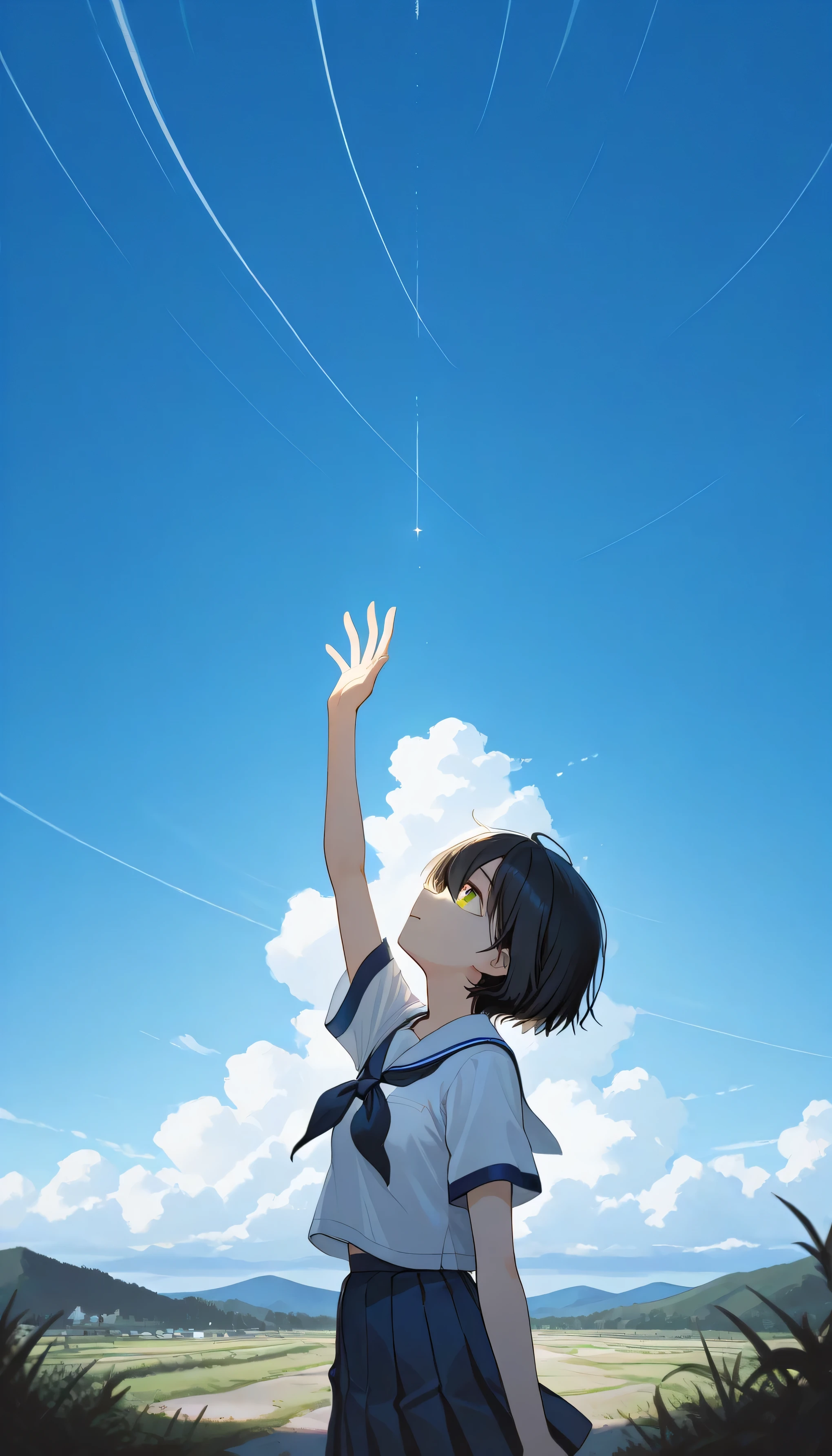 a landscape after the rain, outdoor, outside,look up at a clear sky,create a bright image that makes you feel a new beginning, black short hair, yellow eyes, summer, korean highschool uniform, One hand stretched out to the sky