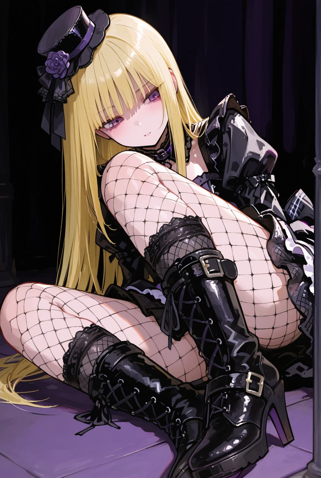 (8K, Highest quality, masterpiece:1.2),\(eye\),(\(Garment Details\)\),(Huge ?????) ,高画質CG Unity 8K ファイルサイズが大きい,Very detailed,High resolution,美しいeye,Ray Tracing,Dramatic Shadows,finely,Hyper Detail,(1 girl:1.3),(alone),Long Hair、wear(Cosplay_,Very cute black and purple lingerie with frills,Short skirt),blush、Thick thighs、((eyeに見える?????))、((Black panties))、Knee socks、Two-dimensional woman、(((Squat)))、((Face forward and spread your ?????????))、Simple Background、Sweat a lot