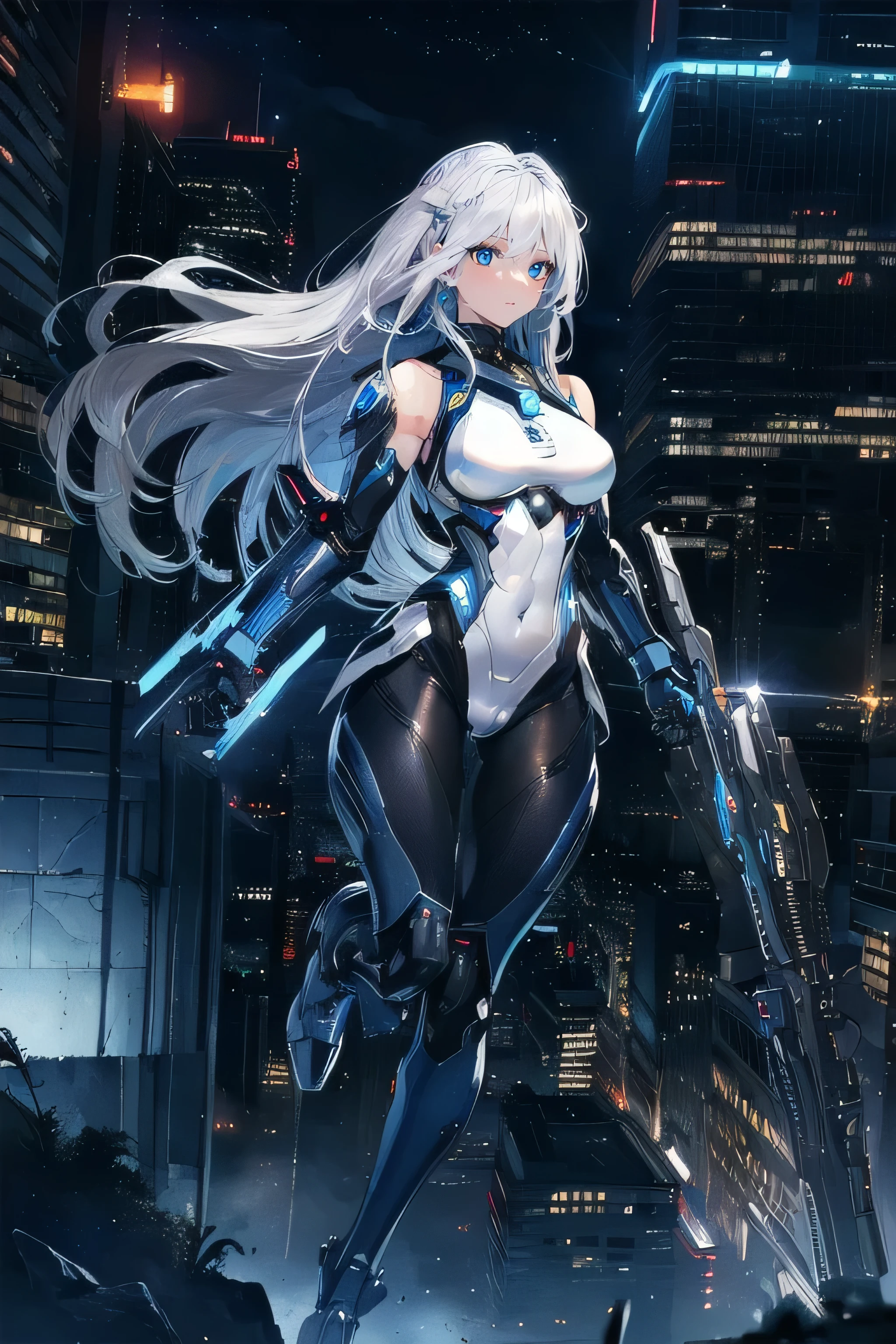 (masterpiece), (best quality), (ultra high resolution), (ultra detailed), High definition RAW color art, animation,sculpture, Silver Marble Skin, Ultra detailed elegant, finely detailed color, cenematic painting, (Top image quality), (Ultra Detailed), (Facing forward), top quality, masterpiece, (((only 1 girl))), Silver Hair, white hair, ((Long hair)), (deep blue eyes:1.6), night, urban, ((holding cybernetic weapon)), ((high leg)), ((bare legs)), ((sleeveless)), battle suit, bodysuit, mecha suit, black suit, skyline, ((city background:1.2))