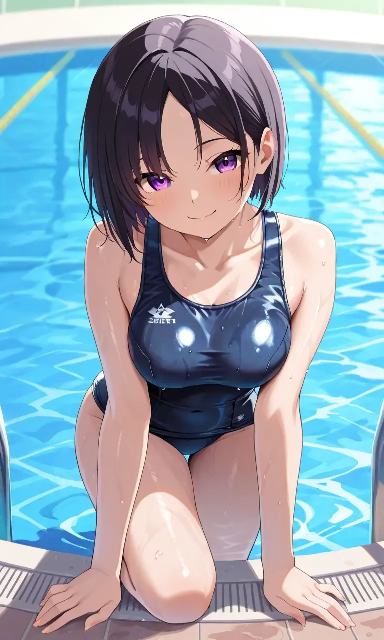 (air groove \(umamusume\):1.4), BREAK, (indoor pool side:1.2), BREAK, (masterpiece, best quality:1.4), (super fine illustration, shiny skin, detailed skin, detailed face, cute, detailed eyes, anime screencap:1.2), Break, (), (athletic body, :1.2), BREAK, (one-piece swimsuit:1.5), (sitting on floor, scratching own head:1.5), BREAK, ( smile:1.3), (blush:1.2), (sweat, wet, wet hair:1.2), Break, (pubic hair:1.1)