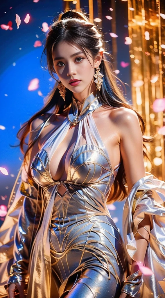 8K, UHD, MAsterpiece, best quality, 1 girl, ((realistic face)), happy pace, very long hair, small breasts, perfect waist, decorated dress, very beautiful ornaments dress, white color, ((lace)), mesh dress, mesh cape flowing, sardine, loops, ((ornaments)), legendary night balcony, ((night:1.5)), depth of field, cinematic lighting, chromatic aberration, motion blur, glowing light, god rays, ray tracing, ((reflection light)), backlighting, bloom, chromatic aberration abuse, multiple monochrome, belly pose,