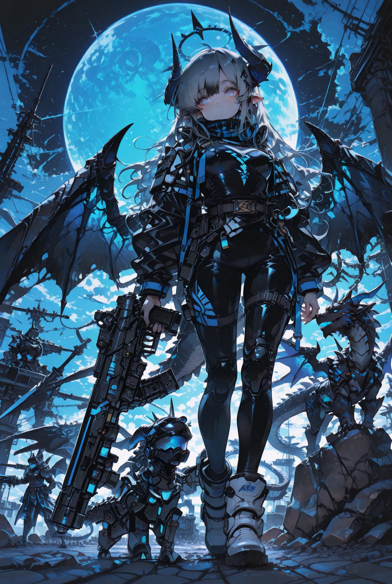 最high image quality、high image quality、Monster Hunter Wild、 Rathalos guardian dragon、Beautiful girl、tall(Over 180cm)、Boobs Are G Cups or Larger,完Fully armed 、Heavy Armor、The main color is black、Blue Stripes、dark haired、long hair、The hair reaches my feet、Machine Dragon Horns(Rioleus's horn)、black and blue colors、Machine Dragon Tail( Rathalos tail)、black and blue colors、Machine Dragon Wings( Rathalos wings)、pale light runs on its head and wings、Black and Blue Sword on the Belt、Background is black、blue moon、There is black fog all around、standing、stands on a stone,I hate you,is staring at me,gray hair,long hairー,hair extends to the ground,Elf Ears,Blue Eyes and White Eyes,ABI ESHEF(blue archive),Fully armed , Mechanical Armor,Heavy Armor,The main color is blackと紫と青,Wearing a Black Rubber Suit,blue and black tights,Black and Blue and White Boots,machine black and blue mask,black and blue neck warmer,Machine's Laser Gun,Four artillery batteries on both shoulders, I'm wearing a black rubber suit inside a 45 caliber 46 cm 4-barreled gun,4 swords on the back 2 swords,The main color is blackとグレー,Blue Eyes and White Eyes,Bangs up to below the eyes,Blue and Black Halo,I'm wearing a black rubber suit inside a mechanized black and blue wing,background is black night sky,