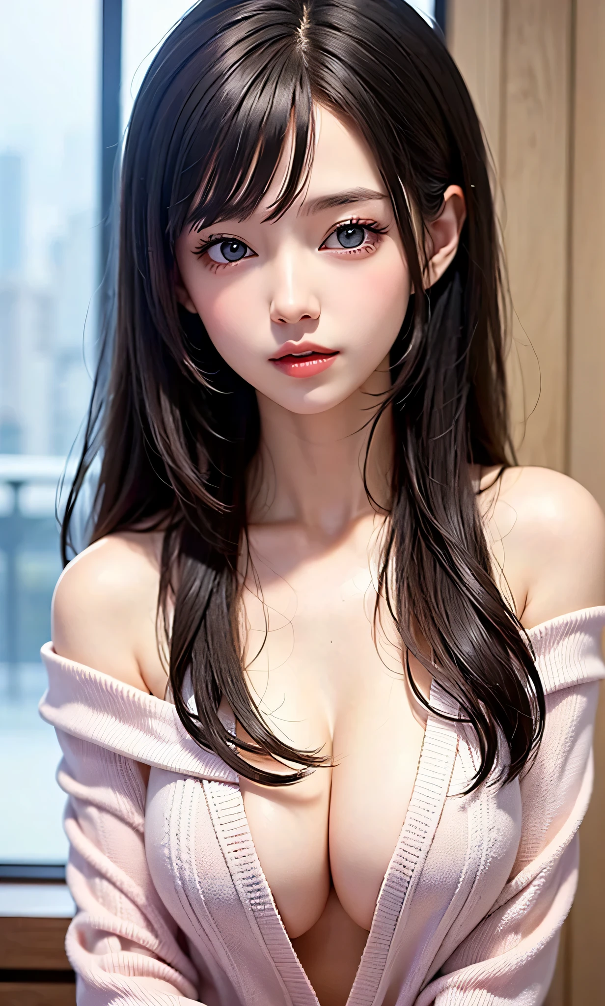 Fashion trendy beautiful, gentle and charming Taiwanese lady, (jpop idol), (big breasts), delicate and sexy collarbone, oval face, double eyelids, smart peach blossom eyes, pink lips, small nose,  shoulders, focus on the face, close-up of the face, Ultra-high-definition, super-detailed, full-body photo, ultra-thin and light-transmitting, the white off-the-shoulder shirt perfectly echoes the Platinum blue slit skirt, fresh and good, and can be , sheer fabrics,  slip, (:1.025)