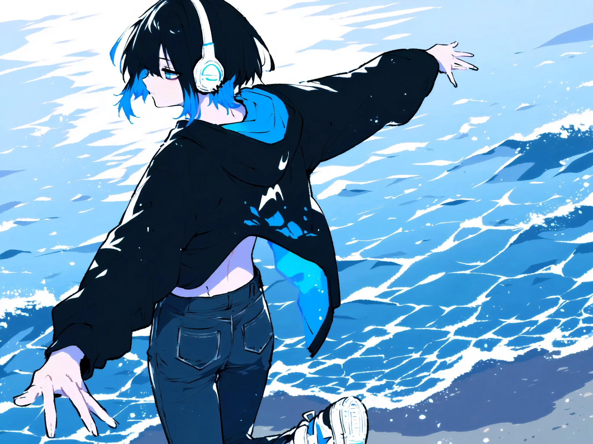 4k, 8k, 16k, ((solo, anime))、(( male)), ((dark haired, inner color blue, Blue hair tips)), with fair skin, sea, walk along the sandy beach, back view, spread arms sideways, white NIKE sneakers, ear piercings, (detailed faces, Detailed Eyes, detailed hair), black hoodie , black dowel jeans, fresh and neutral beauty, I'm wearing white headphones,