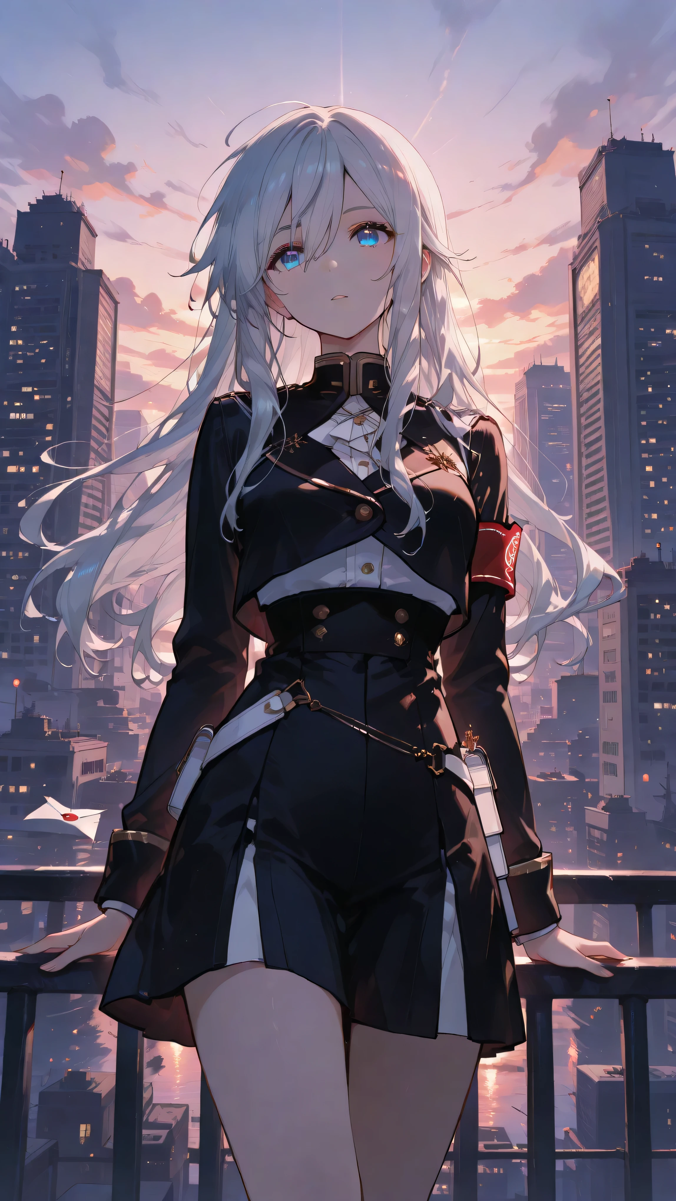 Beautiful Female Delivery Man Holding a Magic Letter、Long Silver Hair、Mysterious Blue Eyes、Fitted Black Uniform、Glowing Delivery Bags、cityscape at dusk、Floating Letter、Magical Light、misty atmosphere、low angle