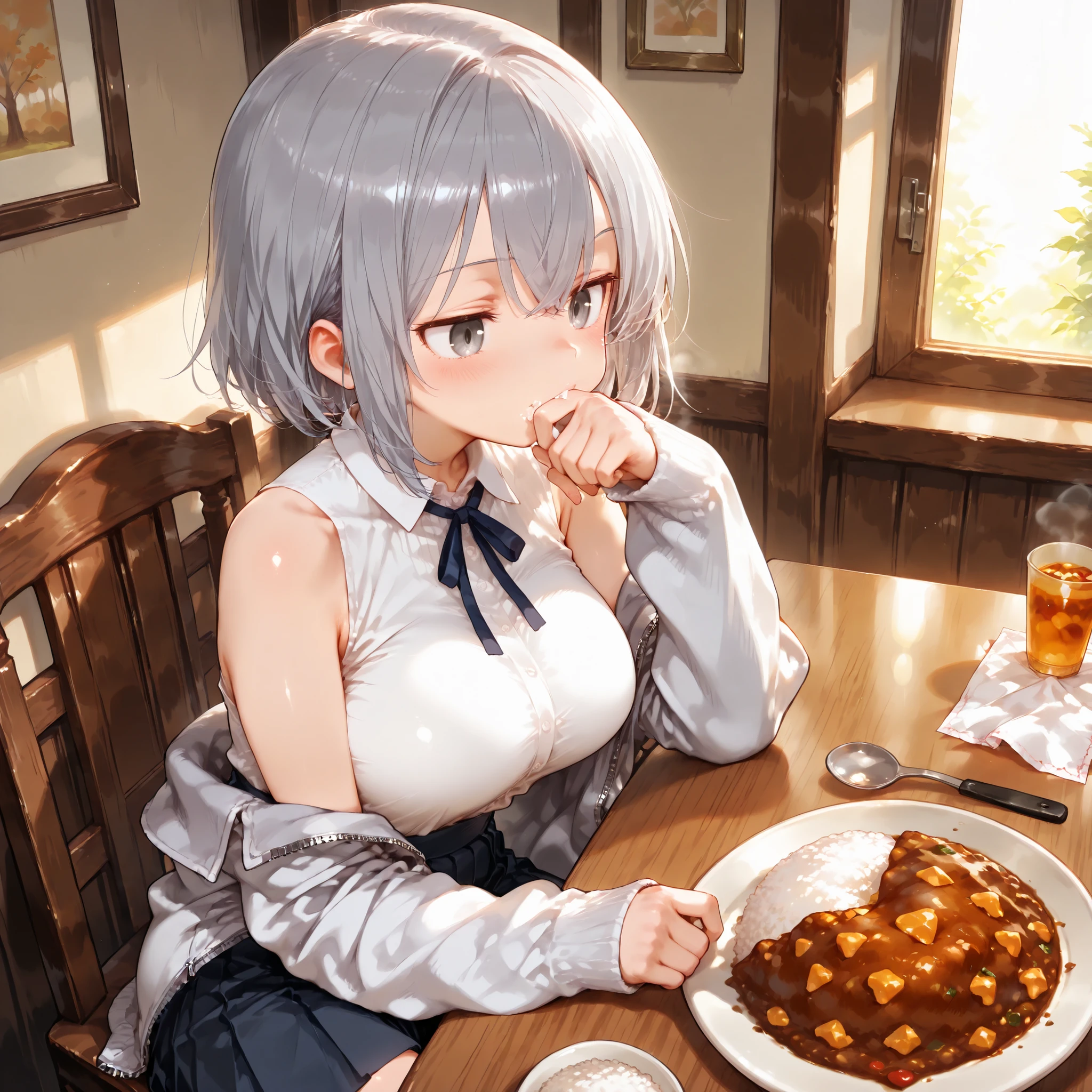 Shiny skin, Babe, character, haruone.
masterpiece, best quality, ultra detailed, high resolution, 8k, dynamic lighting.
a cute anime girl.

# body
tall body, 7 heads tall, very slim waist, curvy figure, slender figure, soft curves, medium-large breasts.

BREAK
short silver wolf-cut hair, bob length, untied, single hairstyle only.

BREAK
sharp eyes, silver eyes.

BREAK
blank expression, looking at the curry.

BREAK
(wearing black sleeveless shirt:1.2),
oversized sheer white zipper-up jacket, ultra-thin chiffon or organza, semi-transparent, airy drape, long sleeves over wrists, hem untucked, jacket partially removed.
skin subtly visible through the outer shirt such as collarbones, visible shoulder, inner top edges faintly readable through the shirt.
outfit lower: khaki gaucho culottes pants with sash tie, crisp pleats, mid-high waist, thick matte twill, dense weave, lined front panels, opaque fabric.

BREAK
sitting on a chair at a table, (Wiping mouth with a napkin:1.3), natural posture.

BREAK
Indian restaurant interior, walls decorated with colorful tapestries such as Ganesha, (table in Half-eaten curry rice:1.3)  table on spoon.

BREAK
from above.
side view.
fine line art, delicate line drawing, thin outlines, clean outlines, minimal noise.