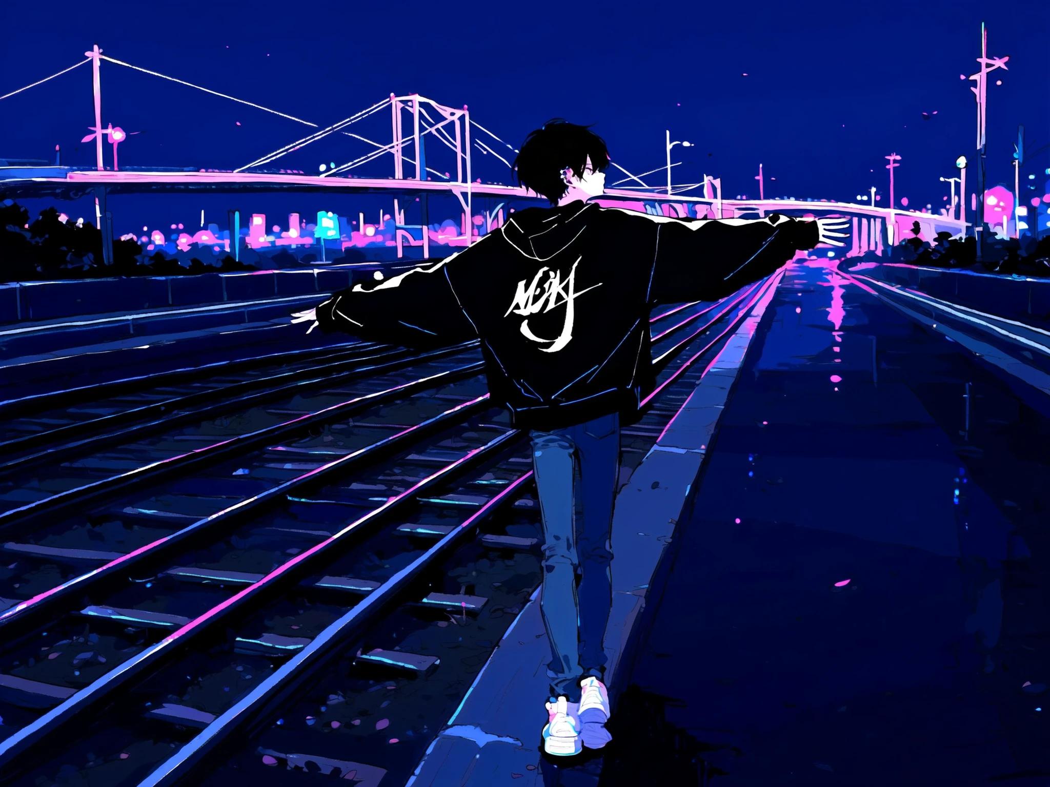 4k, 8k, 16k, ((solo, anime))、(( male)), Height, 175cm, dark haired, inner color blue、with fair skin, Railway bridge, Walking on train tracks at night,back view, spread arms sideways, white NIKE sneakers, ear piercings, (detailed faces, Detailed Eyes, detailed hair), black hoodie , black dowel jeans, fresh and neutral beauty、