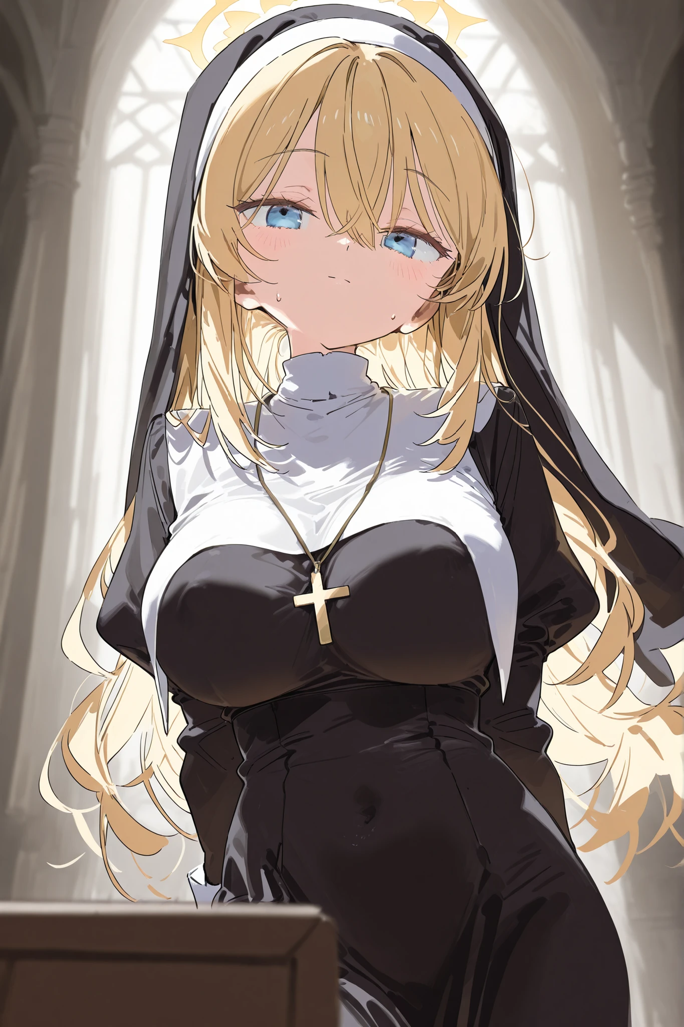 {{{{{{{{{{{{araki kanao}}}}}}}}}}}},{{{young}}},1 girl 、curl hair、large amount of hair、blonde hair、,、big breasts、 masterpiece, very detailed、Monastic Clothes、nun_clothing,wimple,、standing, blue eyes、 gradients