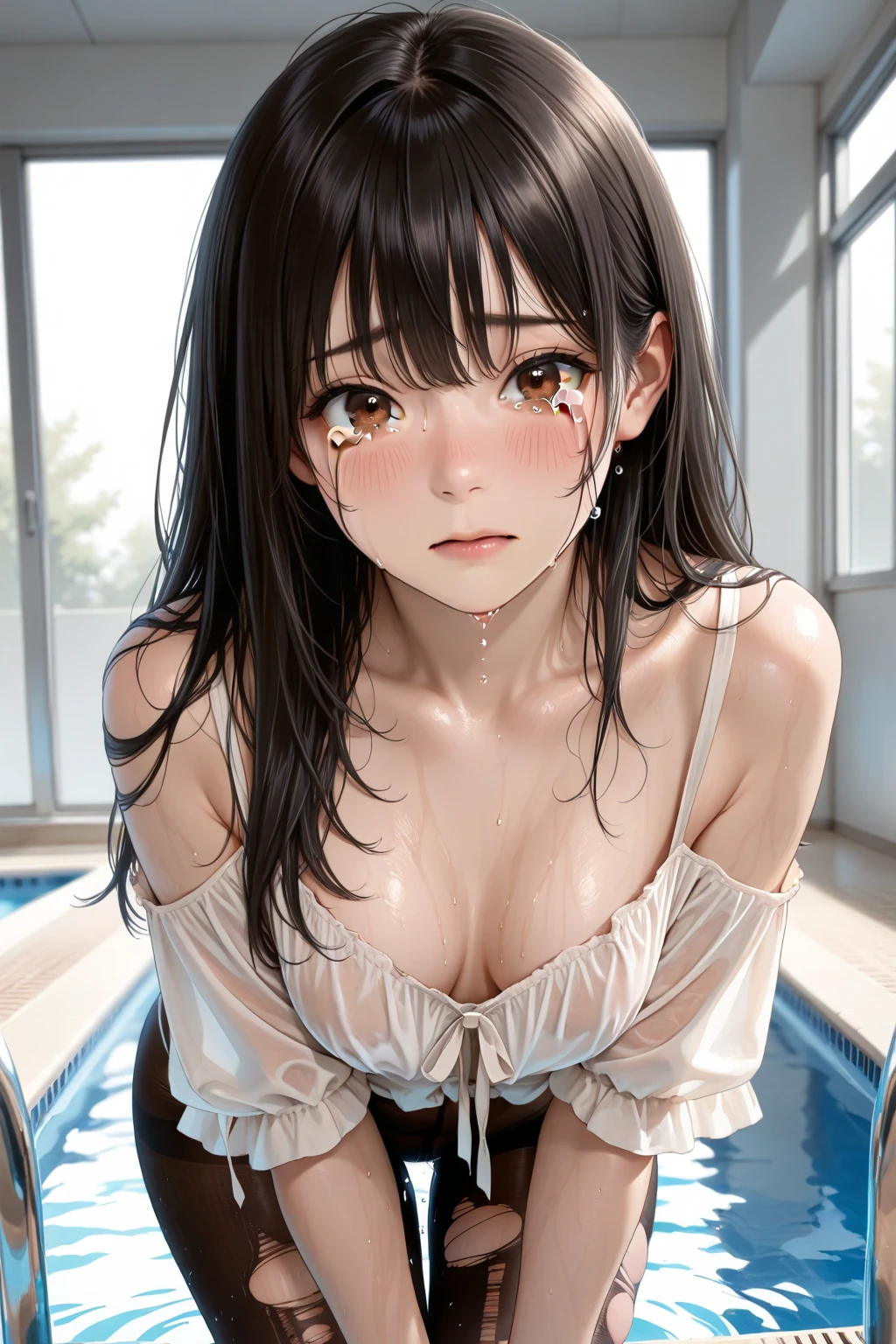 1girl, solo, blush, looking_at_viewer, short_hair, bangs, blue_eyes, simple_background, black_hair, ribbon, original, bow, hair_between_eyes, closed_mouth, hair_ribbon, hair_bow, hairband, grey_background, red_bow, lips, blood, makeup, border, portrait, eyeshadow, blood_on_face, red_lips, black_border, bow_hairband