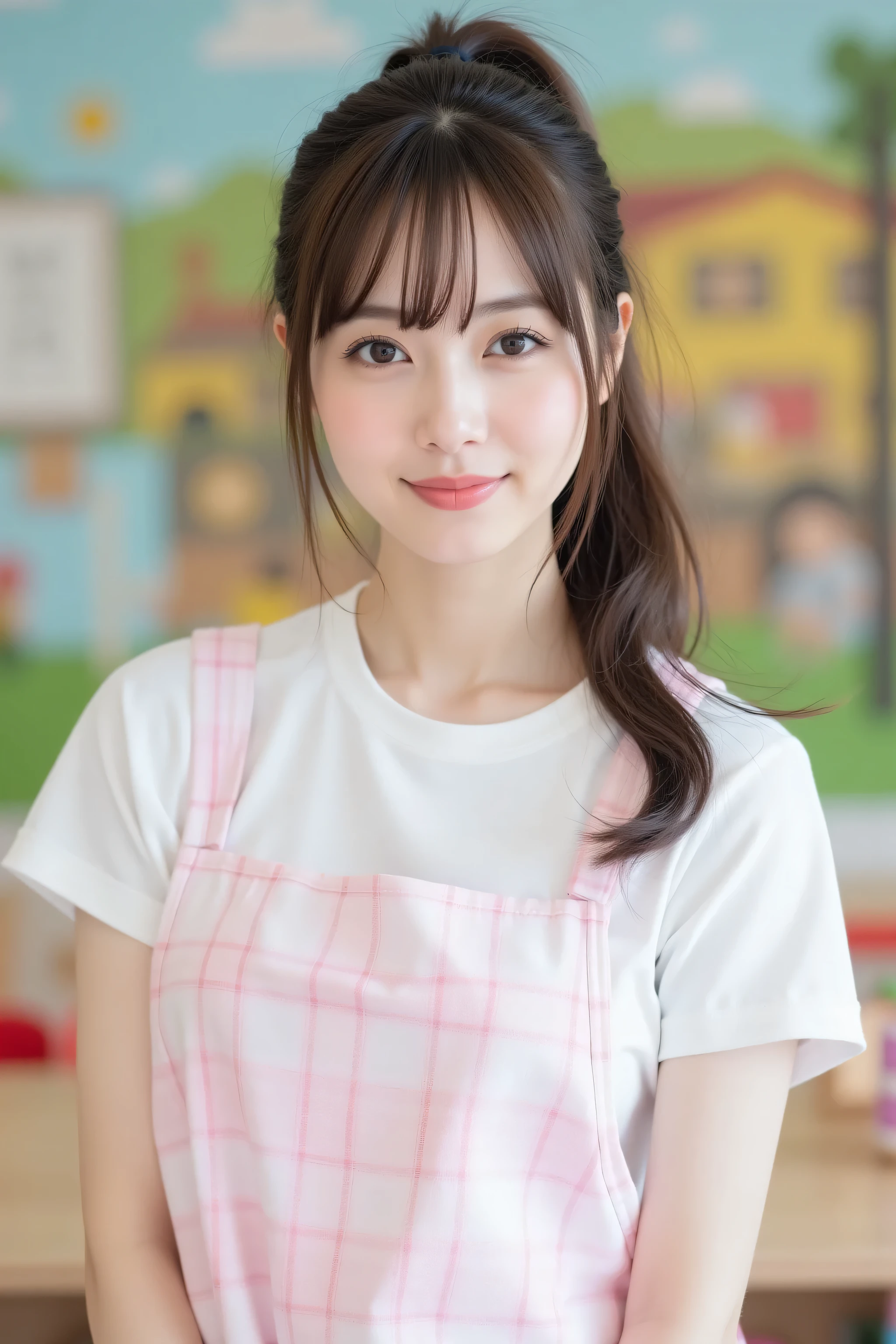 (top quality、best masterpiece、8k、best image quality、winning works)、(Beautiful 30 year old female nursery teacher:1.1)、 big boobs、(face close-up:1.1)、(A long ponytail that exposes the forehead:1.3)、dark haired、(cute white and pink checkered plaid apron:1.3)、white t-shirt、standing gracefully、Modest Light Makeup、 silver striped hair 、ultra high definition hair、super high resolution glowing eyes、Ultra High Resolution Gloss Slip、accurate anatomy、(colorful nursery playroom background:1.2)、Smile Yan、standing upper body photo