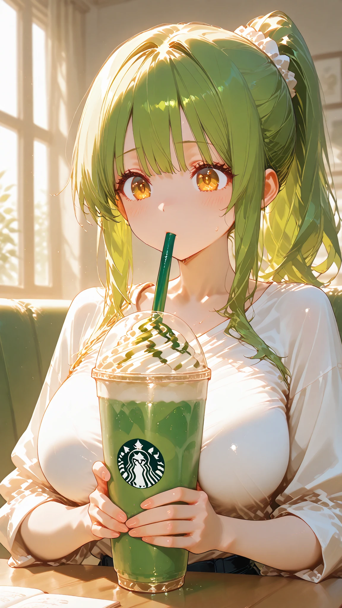 top quality, ultra detail, 8K quality,1 girl,ponytail hair,I want to drink matcha frappuccino,Advanced rendering technology