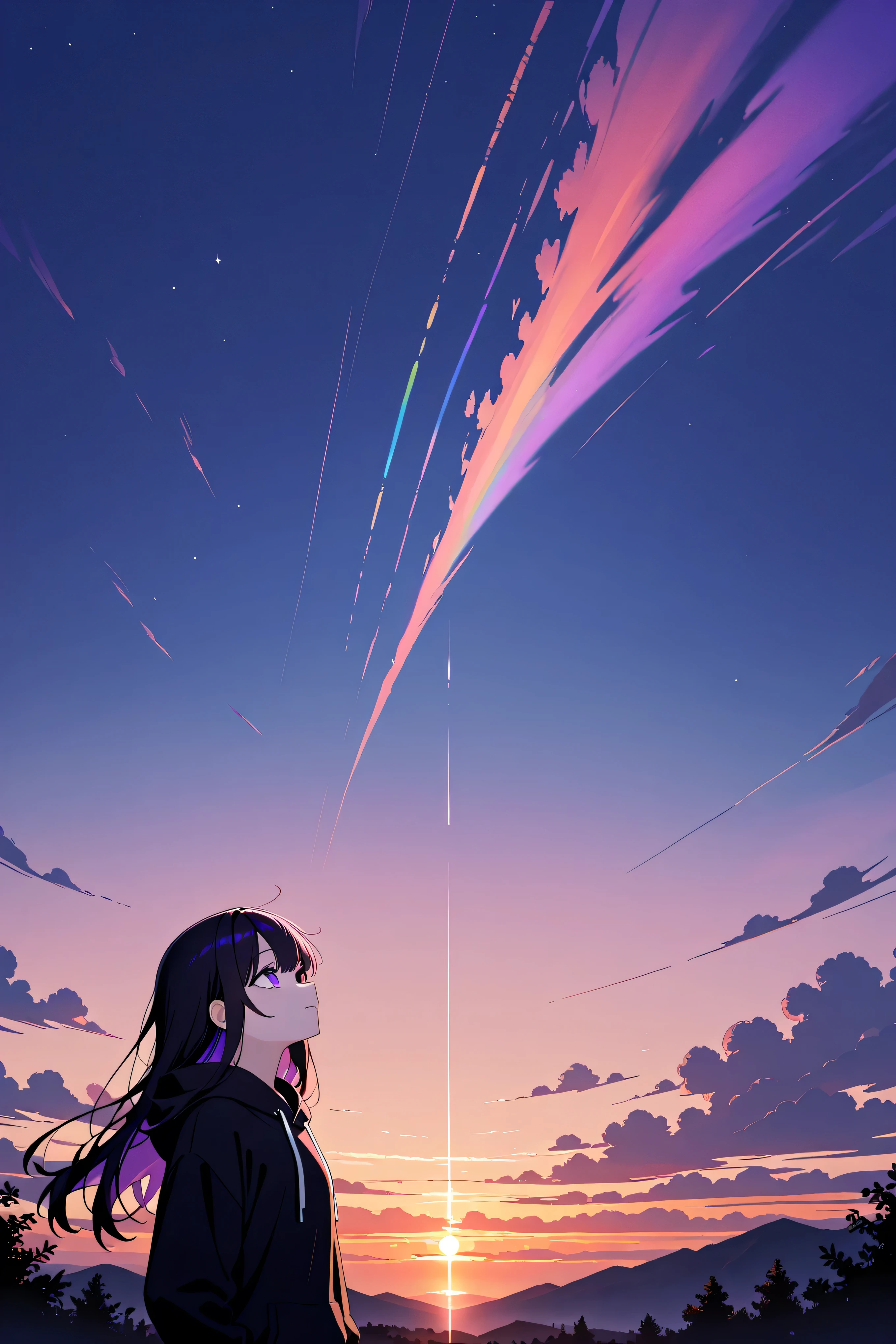 a landscape with a rainbow after the rain,outside,look up at a clear sky,create a bright image that makes you feel a new beginning, sunset, black long hair, violet eyes, black hoodie