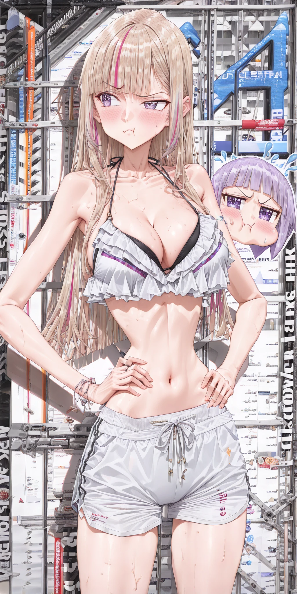 , masterpiece:1.2, best quality), (magazine cover), (colorful Magazine cover with lots of text), brilliant colorful paintings, Comic cover style, (best quality, highres:1.2), 1girl, beautiful detailed eyes, (((pink hair))), beautiful detailed lips, extremely detailed eyes and face, long eyelashes, vivid colors, HDR, studio lighting, ultra-fine painting, sharp focus, physically-based rendering, extreme detail description, portraitig , perfect shape, showing armpit, facing viewer, sweaty, gorgeous, arms up, sleeveless corset, magazine cover, (highly detailed:1.2), , rolling eyes, cross-eyed, open mouth, tongue out, naughty face, (((pink hair))), hair straight， mostly cloudy sky，（（（tmasterpiece），（Very detailed CG unity 8K wallpaper），best qualtiy，cinmatic lighting，detailed back ground，beatiful detailed eyes，（Very fine and beautiful），（Beautiful and detailed eye description），ultra - detailed，tmasterpiece，）），facing at camera，A high resolution，ultra - detailed），revealing , wet all over body