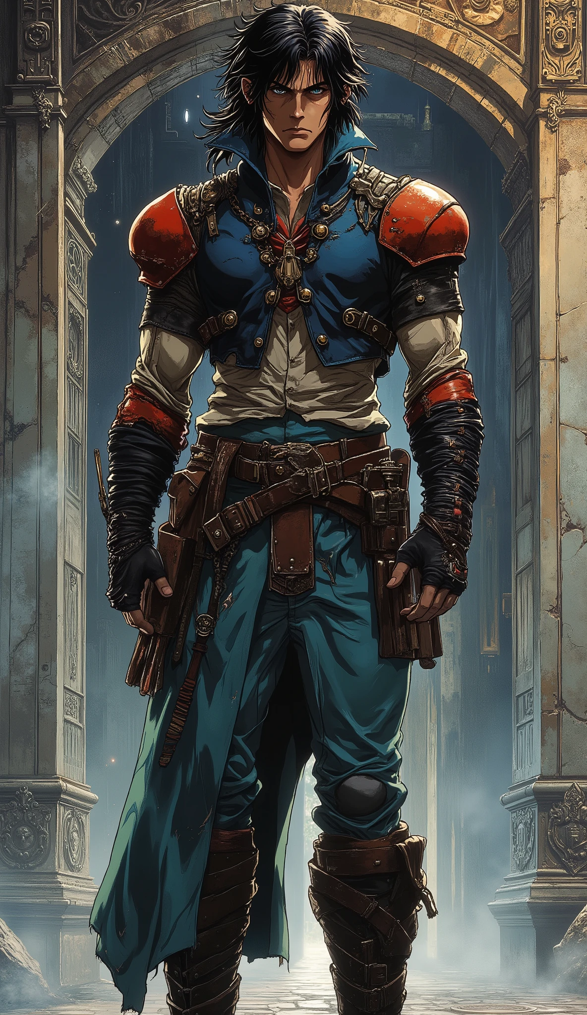 Masterpiece, exquisite mature anime illustration art style, blending dark fantasy with steampunk aesthetics, concept art quality. A tall, lean male scout character with jet-black medium-length hair, textured wild and slightly messy, featuring side-swept bangs and a longer mullet tail at the back. He has an oval face with deep, sharp contours, a rigid jawline, high nose bridge, and narrow eyes conveying solitude and weathering, with slightly furrowed brows. His physique is slender but displays solid, knotted muscles and core strength. He wears a unique deep navy blue cropped stiff jacket ending just below the chest, with a standing collar lined in red, sleeves rolled up. Underneath is a soft light grey stand-collar shirt tucked in, accentuating his lean muscle lines. Shoulders feature red leather reinforcements with metal rivets. Forearms are protected by dark brown leather bracers wrapped in black bandages. He wears light blue trousers overlaid with a turquoise knee-length split tabard (long skirt style), dark knee-high combat boots, and a wide brown leather belt with a metal buckle. He stands upright with perfect posture, hands hanging naturally by his sides (perfect anatomy, distinct 5 fingers), body angled slightly sideways. Background is a magnificent, colossal fantasy-style city gate. The lighting is dramatic and atmospheric: cool-toned shadows dominate the front while strong warm backlighting creates a halo effect, highlighting the three-dimensional structure of his face and the rich textures of his clothing. 8k resolution, highly detailed, sharp focus, volumetric lighting.