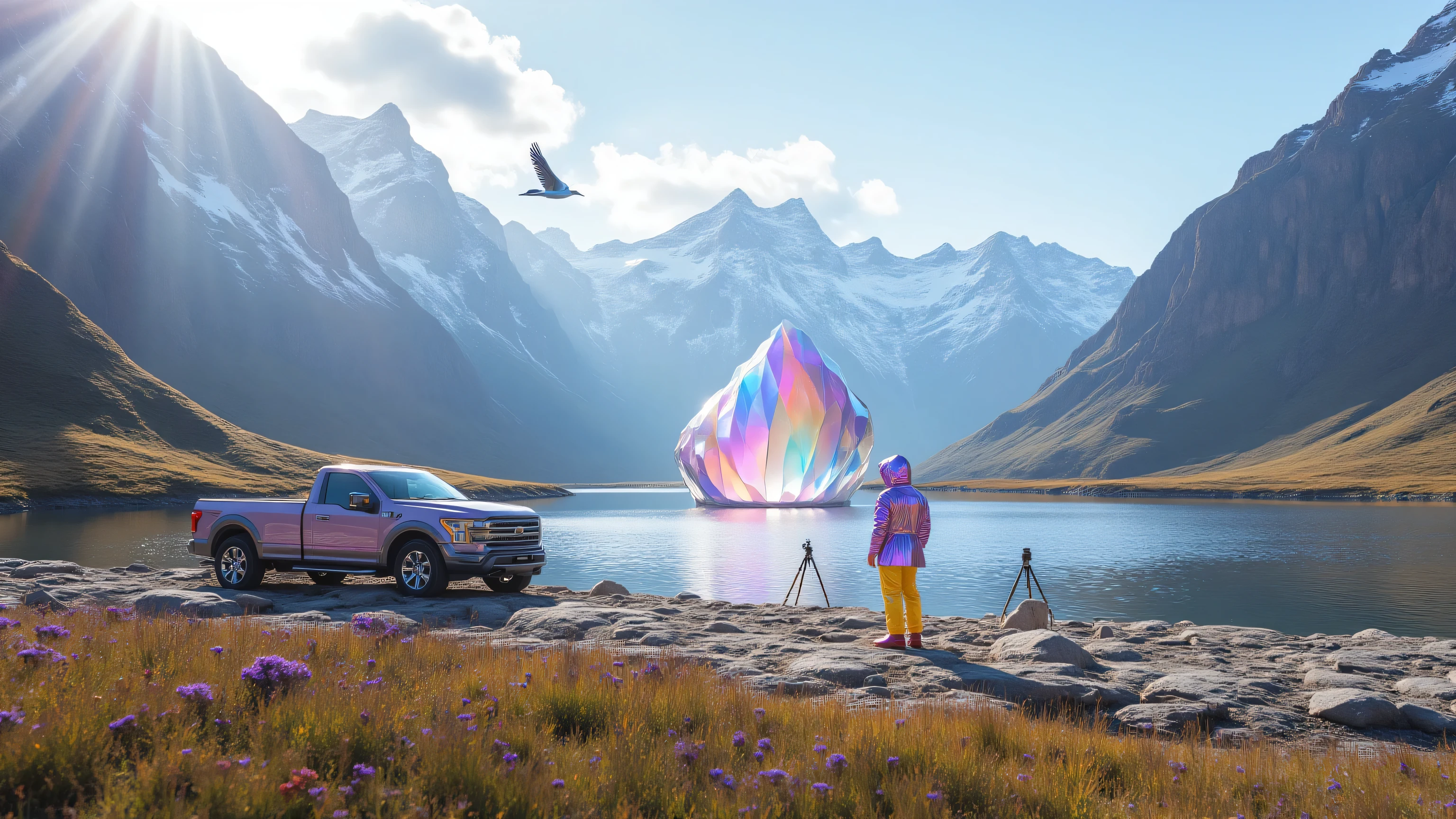 an iridescent mountain landscape with mineral deposits on the peaks of the mountains, the mountains have dew covered grassy prairies at the ground level, the mountains are tall and have a lake dividing them, there is a large blue heron flying in the sky, there is a moose standing in the lake grazing on the water, there is a woman wearing a purple rain jacket made of shiny polished vinyl that is metallic, wearing yellow rainpants made of polished vinyl, standing behind a camera tripod with a camera on it on a rocky path in the foreground near the lake, a modern truck is parked near a camp site in the grass, small purple and red flowers grow from the grass, a large Citrine crystal partially submerged in the center of the lake as a naturally occuring mineral island