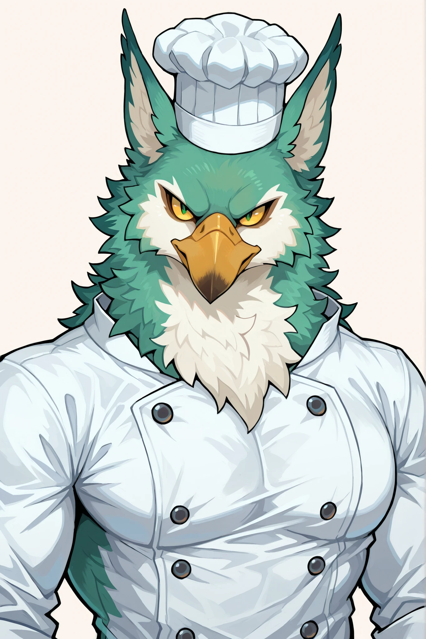 Solo, male, gryphon, wingless, muscular, pale green feathers, white chest, chef's uniform, serious expression, high quality, simple background