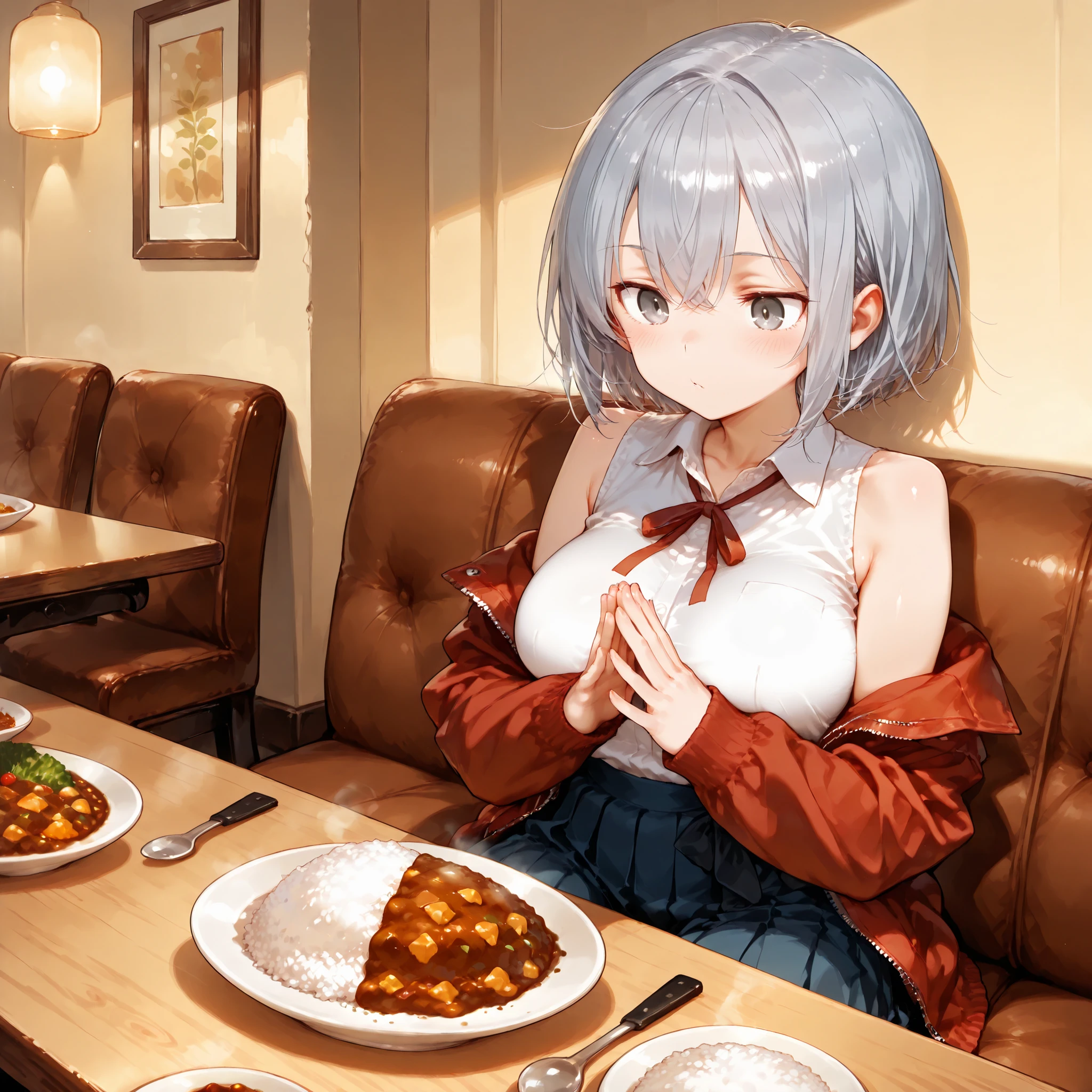 Shiny skin, Babe, character, haruone.
masterpiece, best quality, ultra detailed, high resolution, 8k, dynamic lighting.
a cute anime girl.

# body
tall body, 7 heads tall, very slim waist, curvy figure, slender figure, soft curves, medium-large breasts.

BREAK
short silver wolf-cut hair, bob length, untied, single hairstyle only.

BREAK
sharp eyes, silver eyes.

BREAK
blank expression, looking at the curry.

BREAK
(wearing black sleeveless shirt:1.2),
oversized sheer white zipper-up jacket, ultra-thin chiffon or organza, semi-transparent, airy drape, long sleeves over wrists, hem untucked, jacket partially removed.
skin subtly visible through the outer shirt such as collarbones, visible shoulder, inner top edges faintly readable through the shirt.
outfit lower: khaki gaucho culottes pants with sash tie, crisp pleats, mid-high waist, thick matte twill, dense weave, lined front panels, opaque fabric.

BREAK
sitting on a chair at a table, (Place both palms together), natural posture.

BREAK
Indian restaurant interior, walls decorated with colorful tapestries such as Ganesha, (table in Half-eaten curry rice:1.3)  table on spoon.

BREAK
from above.
side view.
fine line art, delicate line drawing, thin outlines, clean outlines, minimal noise.