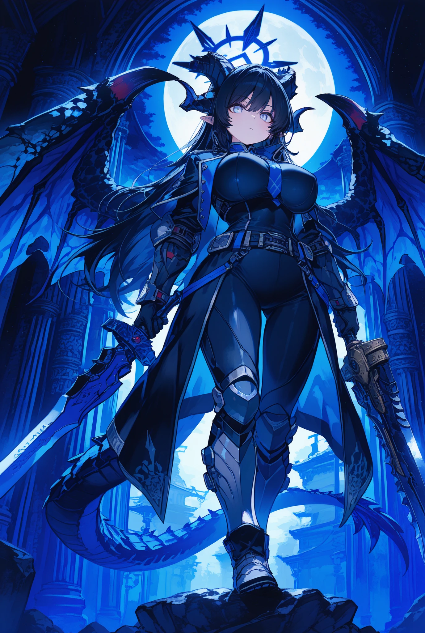最high image quality、high image quality、solo,Monster Hunter Wild、 Rathalos guardian dragon、Beautiful girl、tall（Over 180cm）、Boobs Are G Cups or Larger,Big Breasts,Blue Stripes、dark haired、Machine Dragon Horns（Rioleus's horn）、black and blue colors、Machine Dragon Tail（ Rathalos tail）、black and blue colors、Machine Dragon Wings（ Rathalos wings）、pale light runs on its head and wings、Black and Blue Sword on the Belt、Background is black、blue moon、There is black fog all around、standing、stands on a stone,I hate you,is staring at me,long hair,hair extends to the ground,Elf Ears,Blue Eyes and White Eyes,ABI ESHEF（blue archive）,Fully armed , Mechanical Armor,Heavy Armor,The main colors are black, purple, and blue,Wearing a Black Rubber Suit,blue and black tights,Black and Blue and White Boots,machine black and blue mask,black and blue neck warmer,4 swords on the back 2 swords,Main color is black and gray,Blue Eyes and White Eyes,Bangs up to below the eyes,Blue and Black Halo,機械化された Rathalos wings,