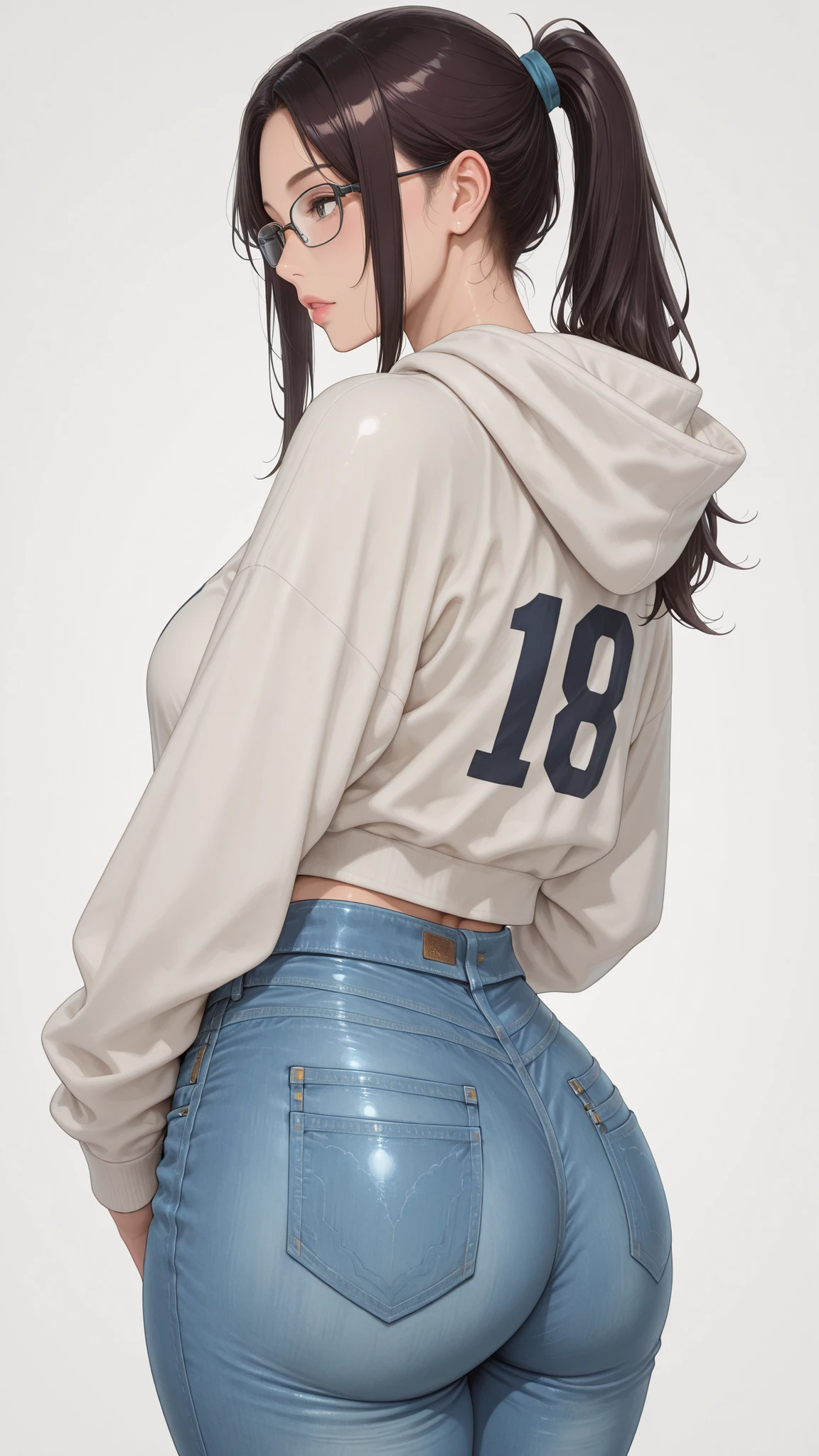 1 girl, Glasses, dark hair, ponytail, Curvaceous, hoodie and jeans, Japanese woman、middle aged