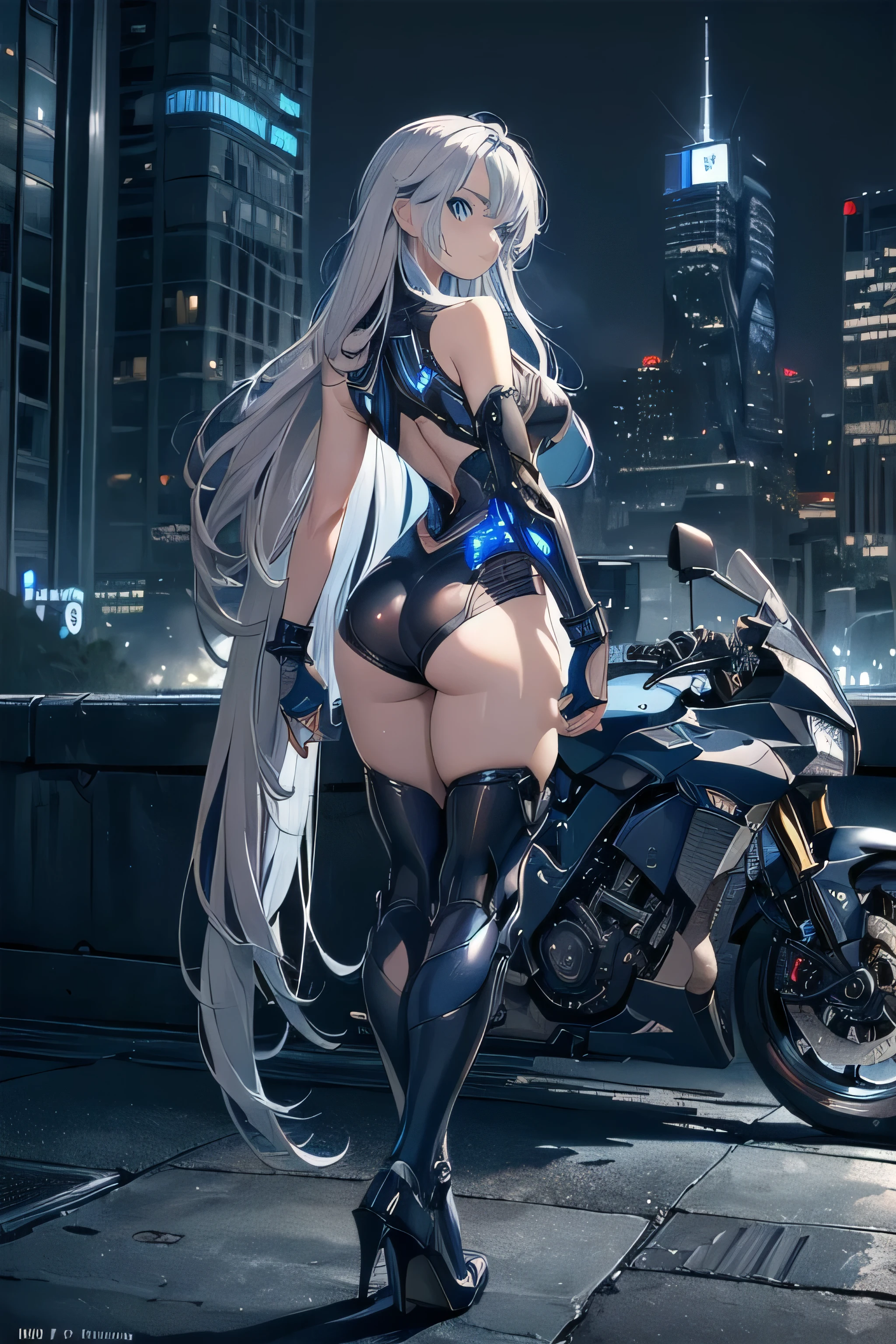 (masterpiece), (best quality), (ultra high resolution), (ultra detailed), High definition RAW color art, animation,sculpture, Silver Marble Skin, Ultra detailed elegant, finely detailed color, cenematic painting, (Top image quality), (Ultra Detailed), Dystopian atmosphere, back view, standing, motorcycle, top quality, masterpiece, (((only 1 girl))), Silver Hair, white hair, ((Long hair)), (deep blue eyes:1.6), night, urban, ((cybernetic blade)), ((high leg)), ((bare legs)), ((sleeveless)), battle suit, bodysuit, mecha suit, black suit, skyline, ((city background:1.2))
