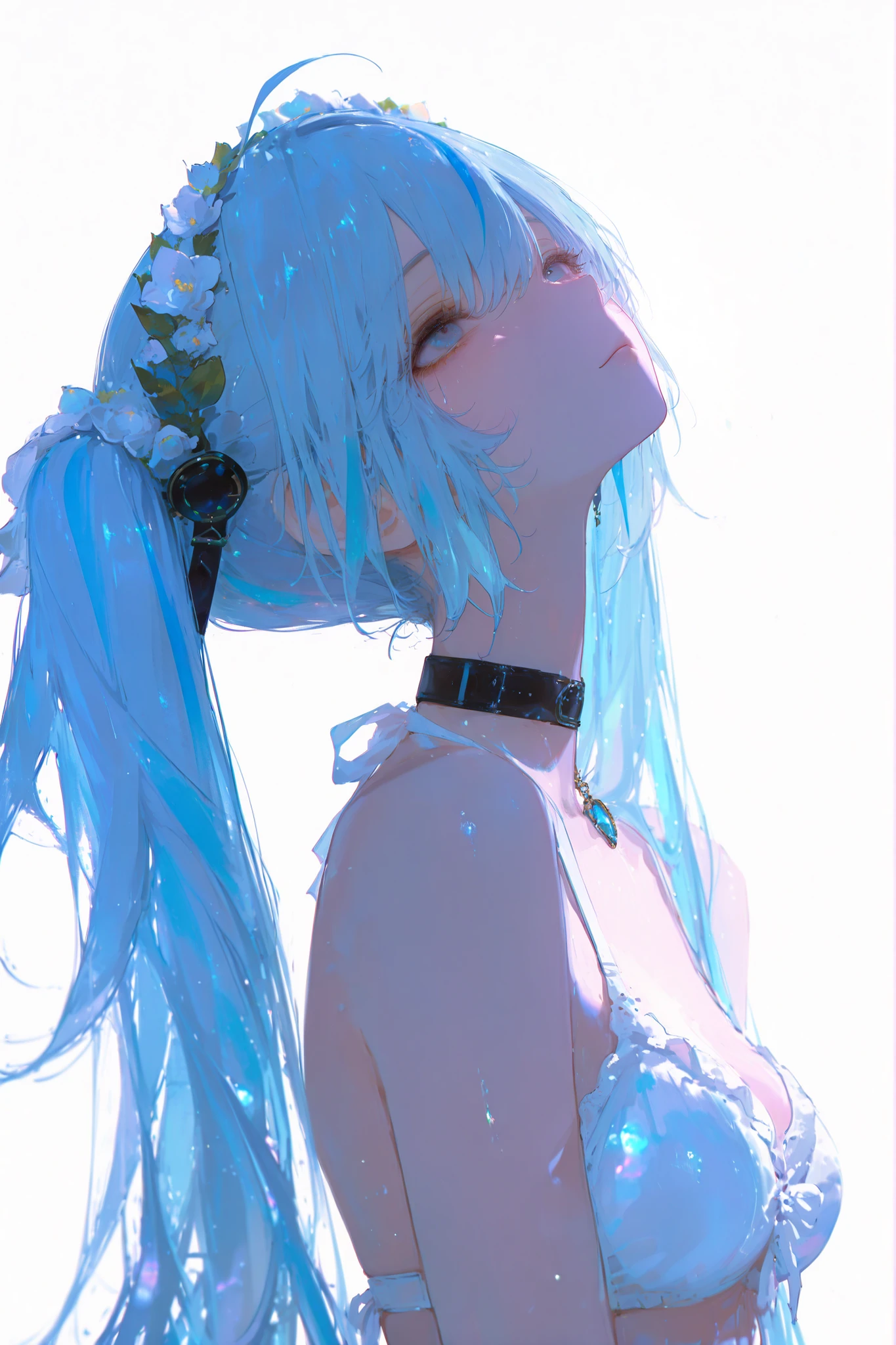4k, dim light theme, masterpiece, best quality, amazing quality, absurdres, ultra-detailed, very aesthetic, cinematic, cinematic shadows, cinematic composition, vibrant colors, high detailed, Anime style, simple white background, radiant lighting, skin quality enhance, detailed eyes, anime, 
1girl, solo, iuno, blue eyes, blue hair, ahoge, double-parted bangs, streaked hair, head wreath, twintails, hair belt, very long hair, white ,  glistening skin