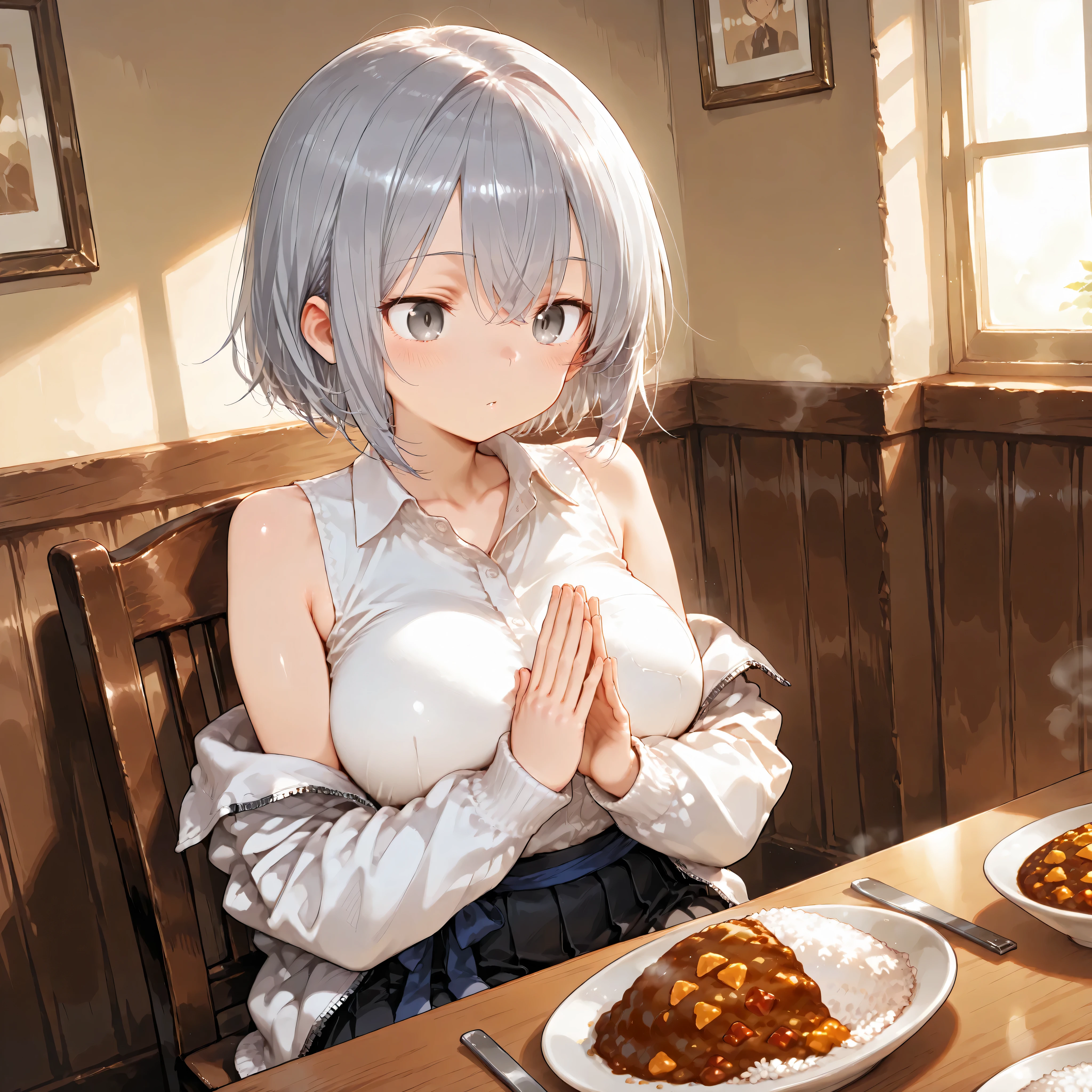 Shiny skin, Babe, character, haruone.
masterpiece, best quality, ultra detailed, high resolution, 8k, dynamic lighting.
a cute anime girl.

# body
tall body, 7 heads tall, very slim waist, curvy figure, slender figure, soft curves, medium-large breasts.

BREAK
short silver wolf-cut hair, bob length, untied, single hairstyle only.

BREAK
sharp eyes, silver eyes.

BREAK
blank expression, looking at the curry.

BREAK
(wearing black sleeveless shirt:1.2),
oversized sheer white zipper-up jacket, ultra-thin chiffon or organza, semi-transparent, airy drape, long sleeves over wrists, hem untucked, jacket partially removed.
skin subtly visible through the outer shirt such as collarbones, visible shoulder, inner top edges faintly readable through the shirt.
outfit lower: khaki gaucho culottes pants with sash tie, crisp pleats, mid-high waist, thick matte twill, dense weave, lined front panels, opaque fabric.

BREAK
sitting on a chair at a table, (Place both palms together), natural posture.

BREAK
Indian restaurant interior, walls decorated with colorful tapestries such as Ganesha, (table in Half-eaten curry rice:1.3)  table on spoon.

BREAK
from above.
side view.
fine line art, delicate line drawing, thin outlines, clean outlines, minimal noise.