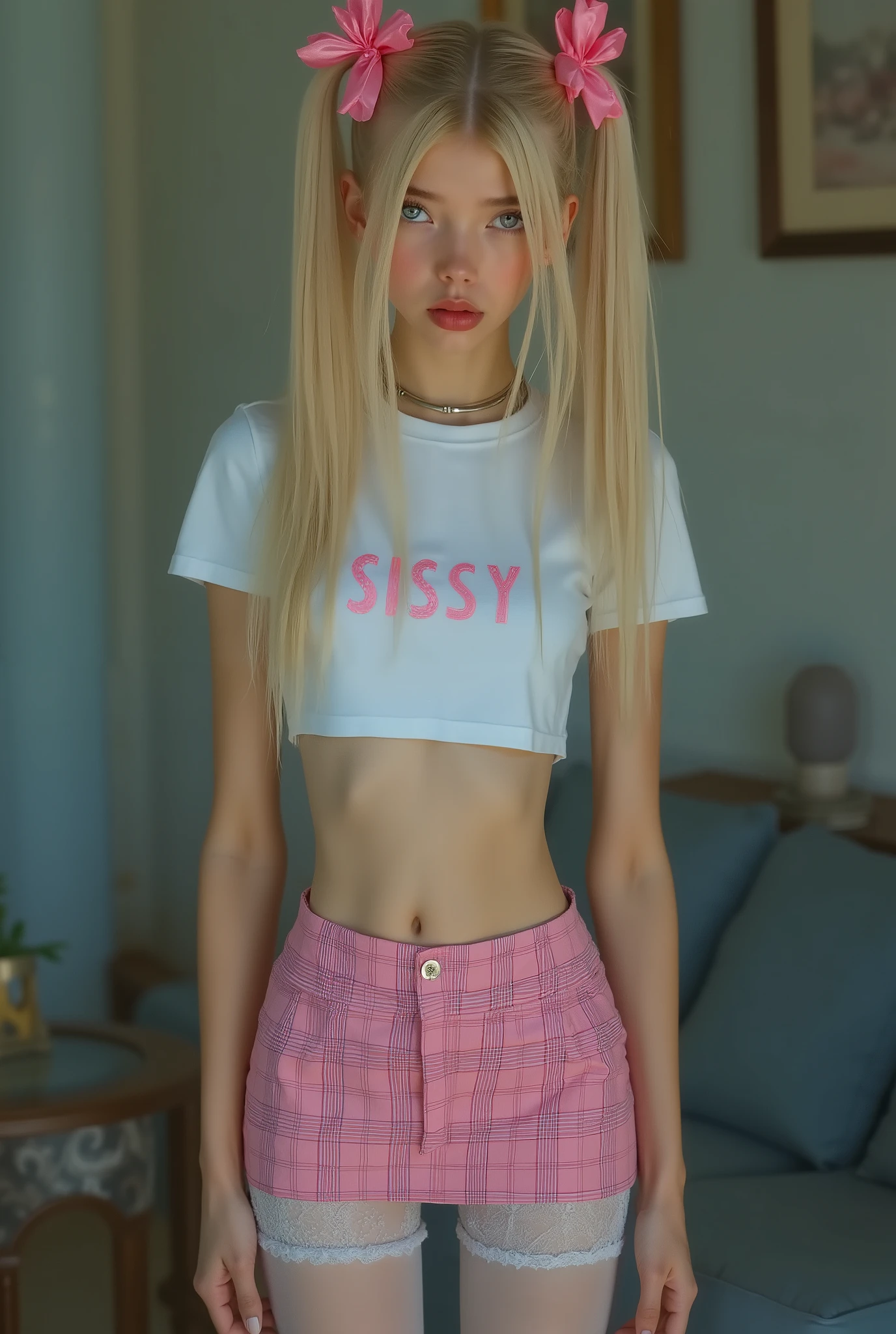 sissy transgender boy is wearing a short miniskirt, best quality, high detail, a cinematic Panavision style photo of a girl 18 years old with beautiful slim skinny shaped body with super long slim legs, and a thin waist, young face, She has straight shiny gold hair in twintails and big bows, posing reluctantly, a micro plaid pink skirt, ultra short micro skirt, white silk and lace stockings with garter belts, the stockings are decorated with silk ribbons, (She has a tight white cropped t-shirt with text in pink "SISSY"), dynamic lighting, a masterpiece, look at you, looks into your eyes, embarrassed, submissive, , we can see her shoes