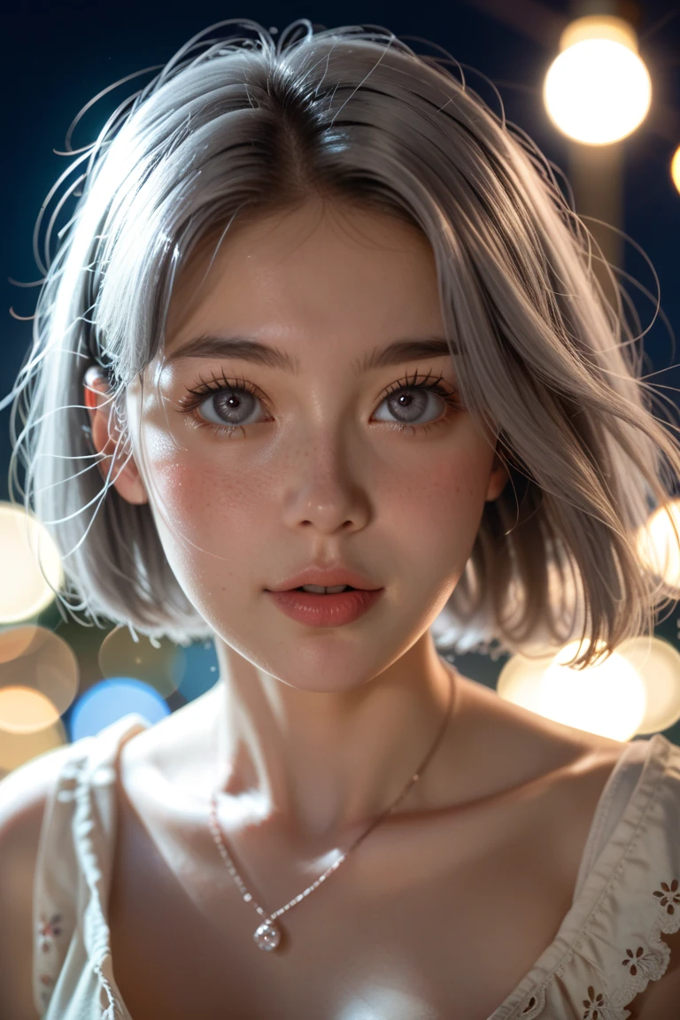 Best quality, masterpiece, ultra high res, (photorealistic:1.4), raw photo, 1girl, offshoulder, in the dark, deep shadow, low key, cold light, big , bob-haircut, silver hair