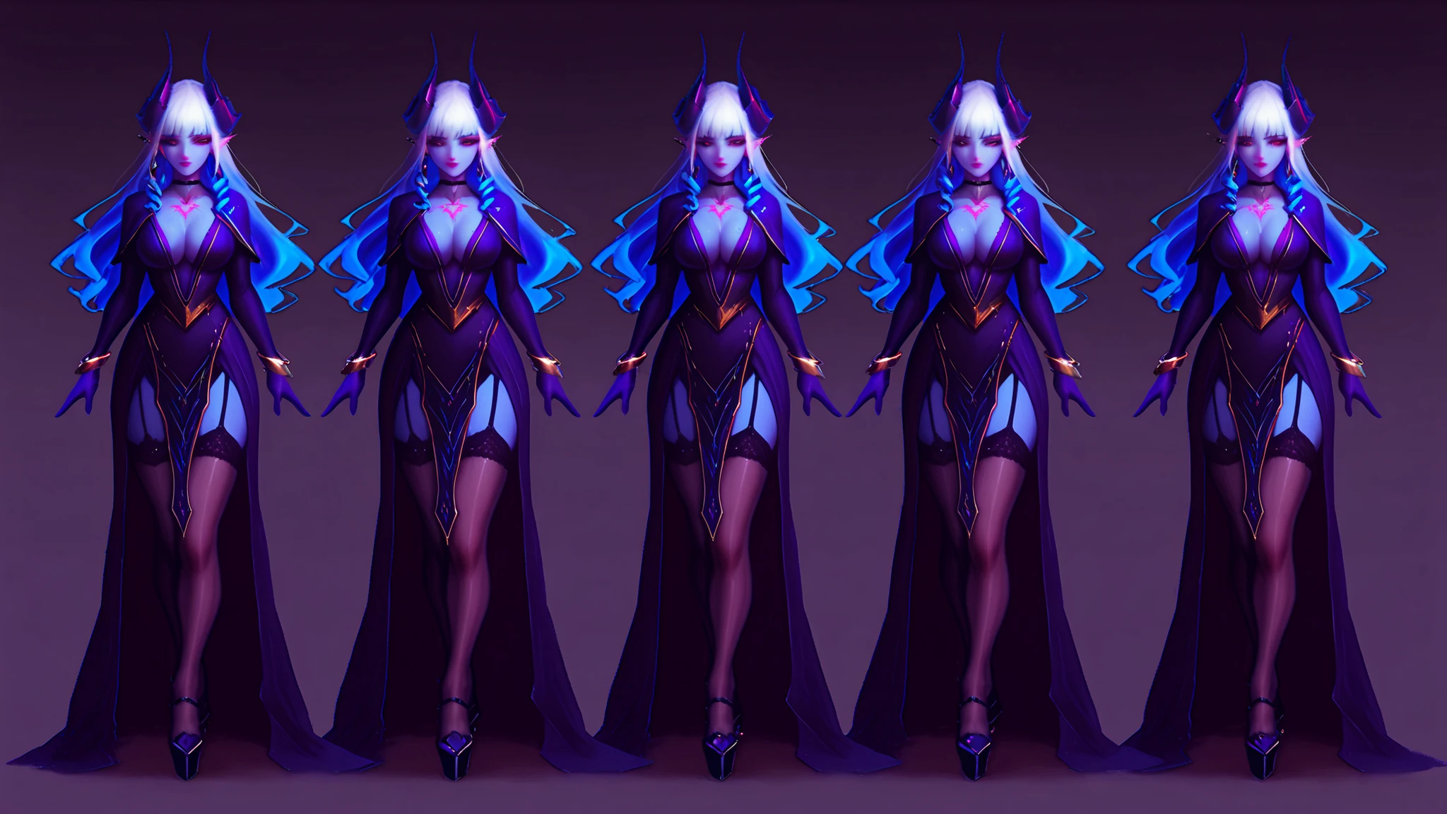 ((inspired by fantasy)),(((masterpiece)), ((best quality)),((ultra detail)),),beautiful-woman, ((detailed face)),((detailed body)),(full body:1.3).



(((demon woman))), ((pointed ears)),(dragon’s horns attached to the head), backward-curved horns, ((purple-blue-skin)), 

((The demon women who are candidates for the Demon King's successor are lined up)). ((The demon woman in the center is more glamorous than the women around her.)).

middle-aged woman, adult woman ,mature,
(viridian-green to Royal blue gradient hair ),(claret-color rune-pupils-eyes),turime,glowing tattoo on body, Voluptuous Breasts,Brawny build Body,
curly hair with inside-ringlets-hair and side-braid-hair,asymmetrical-bangs-hair,
makeup,shimmer eye-shadow,false eyelashes,pierced ears,plump lips,
Chic purple choker with lace detailing,Elegant purple gloves with intricate stitching,lace-trimmed over-knee-stockings,platform heeled sandals,,
The woman is wearing phoenix priestess robe ,Earrings in the ear,bracelet,ring,