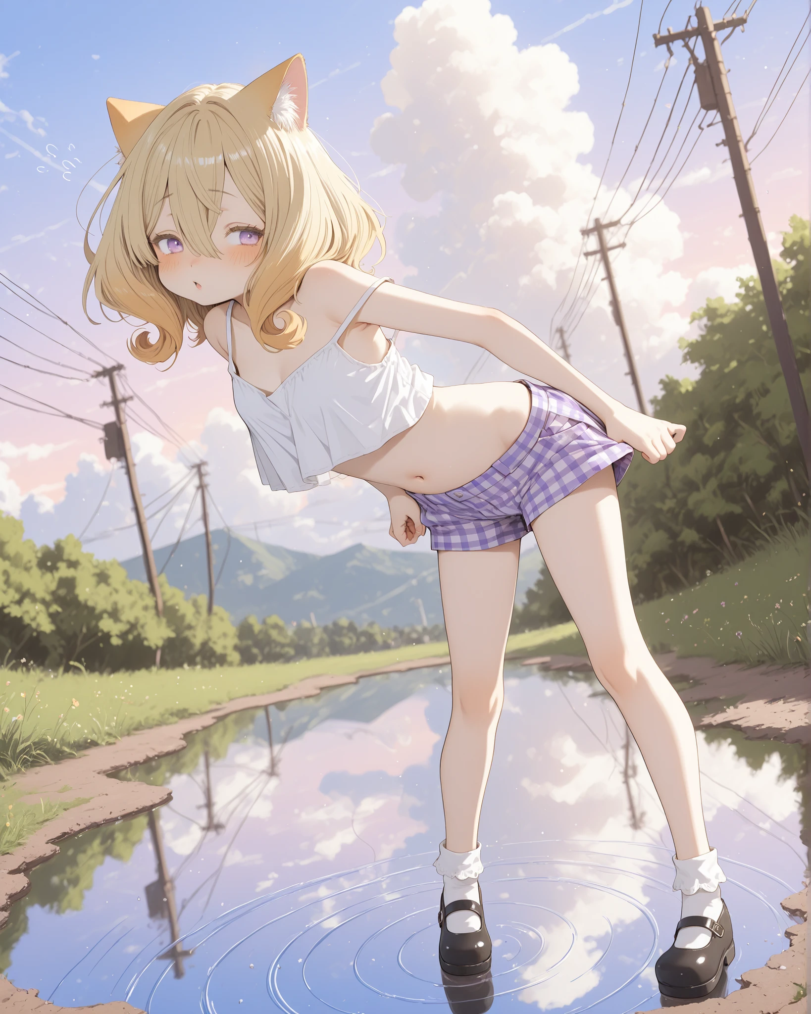((Abara Heiki style)), ((Masterpiece)), ((best quality, amazing quality)), ((very aesthetic, absurdres, newest)), ((detailed background, negative space, blurry background, depth of field, Asymmetrical background)), (full body), (dynamic angle, wide shot, from side), (back lighting), ((1girl, solo)), cute young Girl, (Healthy Gaunt body, Textured skin, small , tilt head), ((brown-skinned)), (pale purple eyes, gradient eyes, averting eyes, looking at side), messy bob hair, medium hair, (hair between eyes, long bangs, long side bangs), ash-blonde hair, slightly root black natural hair, open mouth, ((fidgeting face, lovestruck, blush)), (cute cheeks), glossy lips, pouty lips, (lower eyelashes), (tilt head), put on cat ears, BREAK, ((loose croptop, croptop overhang, strap slip, wearing white sheer croptop, shoulder, cute navel)), slightly exposed small , slightly exposed cleavage, ((plaid medium shorts, pulling shorts, pull by self, slightly exposed lower abdomen)), (thick-soled mary-janes, pastel colors mary-janes, showing sole of mary-janes), (leaning forward, loose standing on the shallow puddle reflecting the sky, ), Shallow waterside, outdoor, (reflection:1.3), (caustics), beautiful ripples, outdoor, bright sunlight, Beautiful landscape, cumulonimbus cloud, (Power lines in the background), ((Idyllic atmosphere)),