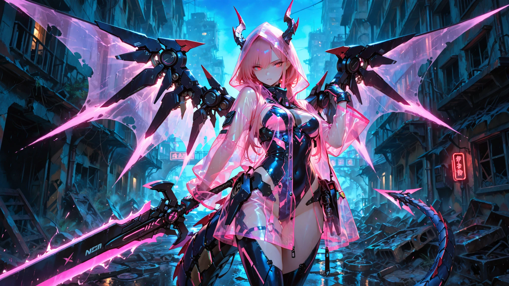 Anime Waifu beautiful detailed eyes, beautiful detailed lips, extremely detailed eyes and face, longeyelashes, 1girl, sensual, young woman, , beautiful feminine face, nice thighs, slim, , , beautiful clothes, perfect body, cinematic lighting and framing, (best quality,4k,8k,highres,masterpiece:1.2),ultra-detailed,digital painting,portrait,glamorous,highly detailed,soft lighting,warm color tones aachizuru, long hair,（（Highest quality，，T-And Star Piece：1.3）），Sharp focus：1.2，Pretty woman with perfect figure：1.4，，（Incredibly ：1.4），（Huge ），smile，Thin abdominal muscles：1.2，（（Beige Hair，.4）），，Highly detailed face and skin texture，Fine grain，double eyelid、(Black Theme:1.3), (Gothic Punk:1.3), (studded leather jacket:1.1), ( leotard, Leotard Fusion Gothic Skirt, Frills, race:1.2), race-up boots, gloves, chain neckrace, choker, Chain Accessories, zettai ryouiki
、【prompt】

break (black and shocking pink theme:1.4), ( succubus cosplay costume with  tattoos:1.2), (sleeveless black  high neck crop top with Heart-shaped cut keyhole:1.4), (( shoulders,  arms,  thighs):1.3), (Black  low rise micro shorts:1.3), (shocking pink grommet belt:1.3), (Tight  black long sleeves:1.3), ((A combination of black high platform shoes and thigh-high boots) with heels:1.2), (shocking pink devil horns has bioluminescence glow LED-light on temporal region:1.3), (Large bat wings for cosplay:1.4), (Black wings:1), (shocking pink (Heart-shaped, Heart symbol) Bioluminescent LED light on belly:1.4), (Black prisoner's bracelet:1.2),
