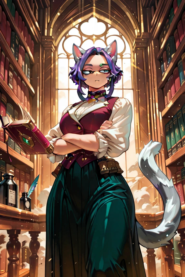 A male vampire talking to a succubus, who wears a white suit and has a violet on his head, in a classroom.