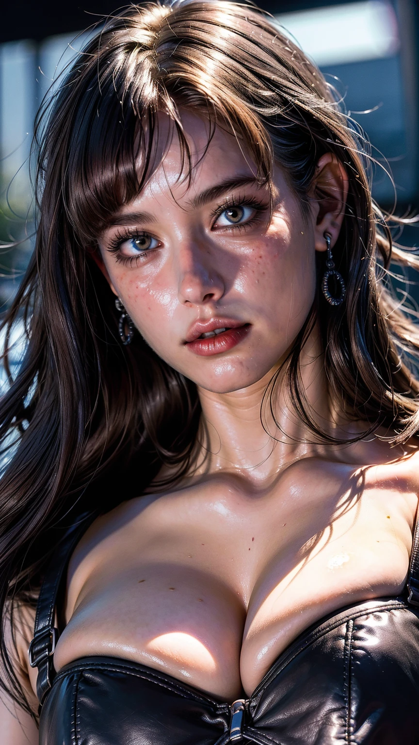 debris flies,Award-winning photo, very detailed, edge , open your mouth , deeply carved features、sharp nose、elongated nostrils、skin shining with sweat、Lighting that accentuates the shine of sweat{realistic nostrils}, black hair、Inside the car、well-shaped chest、dripping sweat,Face glistening with sweat、skin shining with sweat、