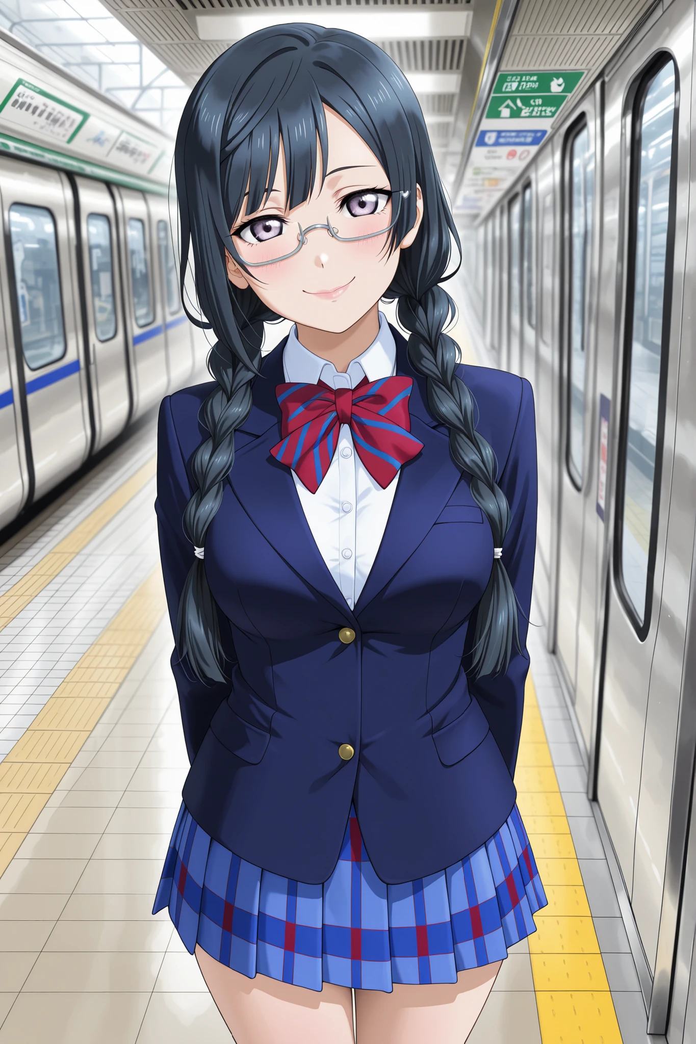 llas, masterpiece, very aesthetic, absurdres, best quality BREAK,1girl, solo, (nakagawa nana:1.3), alternate hairstyle, semi-rimless eyewear, yuki setsuna, rouge lips ,(otowin, otonokizaka winter uniform:1.2), long sleeves, blue blazer, button shirt ,standing at subway station, school commute,from front,cowboy shot,closed mouth,glossy lips, smile