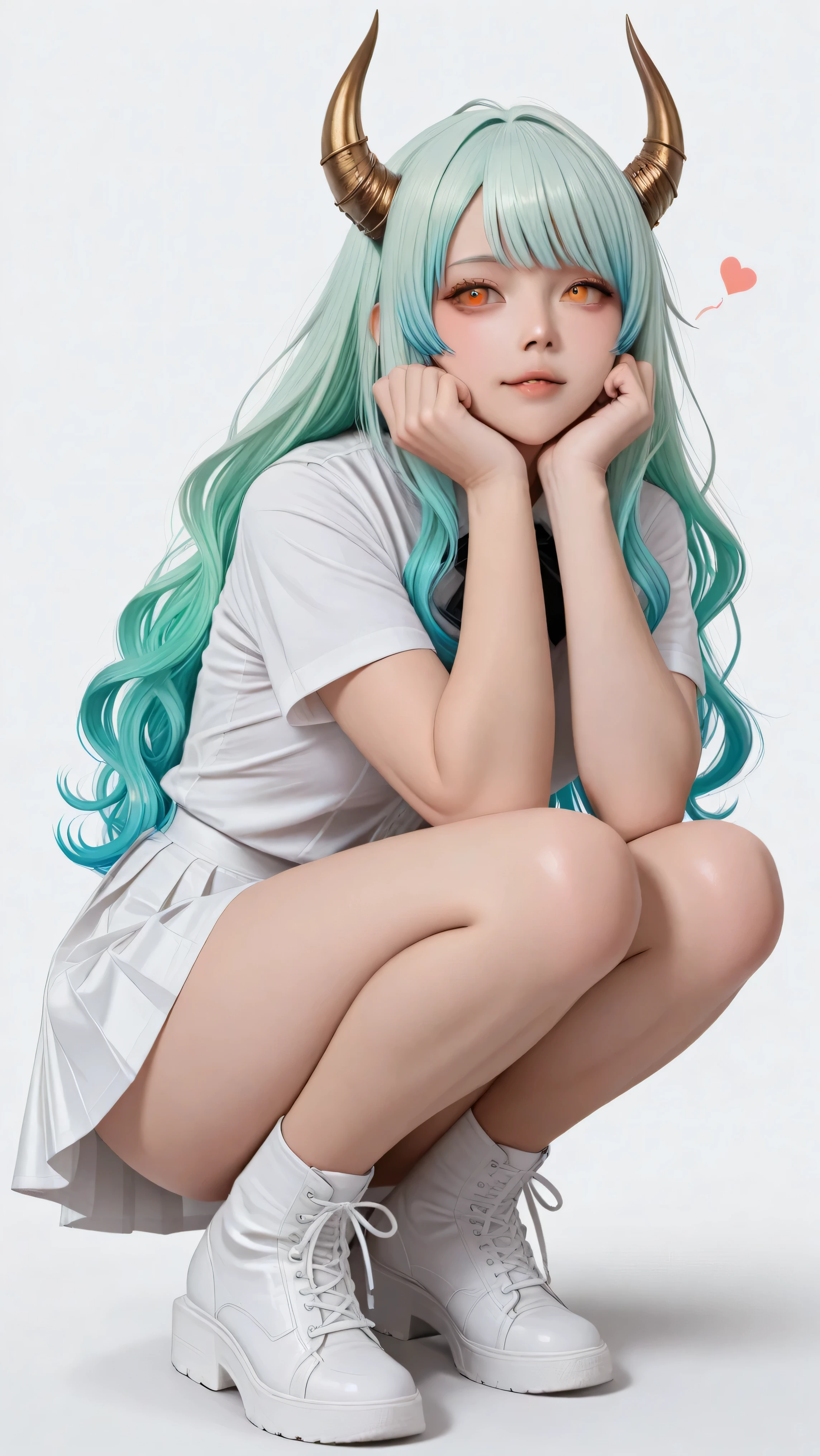One Woman Squatting、full body shot、 Greatest Masterpiece、 top quality、 Perfect appearance 、 Highest Resolution、 8k、 excellent quality、 detailed eyes、 clear eyes、 Dynamic Configuration、 dynamic pose、 makes the face clearly visible、 low angle、 She's Turning to Her Side、 Side View、 just point your face、 one girl、 solo、 Crouching girl、 full body、 straight、 white uniform、White High School Uniform、 detailed faces、 wavy hair with an elegant expression、 bangs、 Metal Lamb Horn、 gradation hair、 colorful hair、 bright green hair、 Turquoise Blue Hair Tips、 gradient eye、 Orange Eyes Seen from the Side、 simple white background、