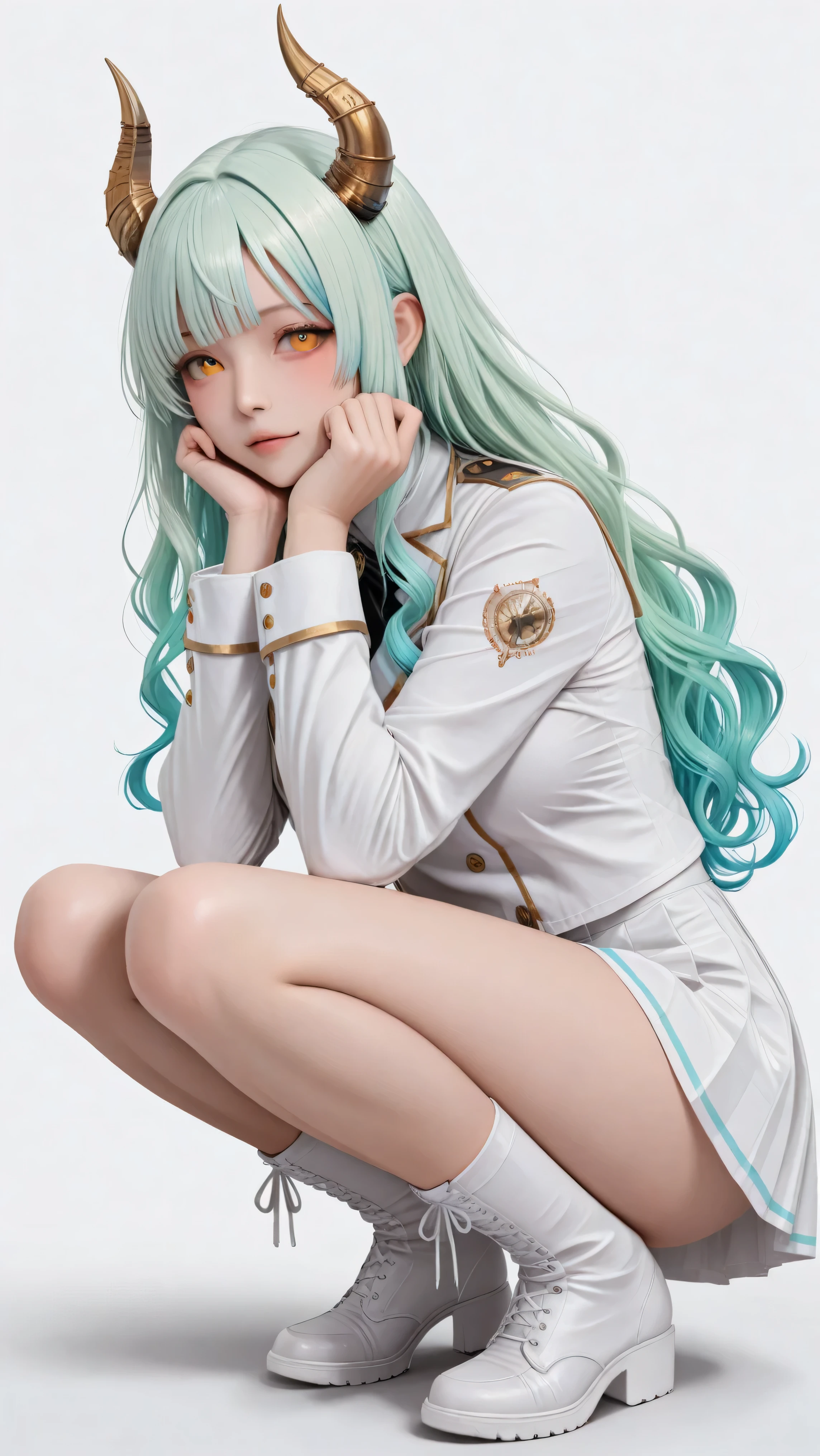 One Woman Squatting、full body shot、 Greatest Masterpiece、 top quality、 Perfect appearance 、 Highest Resolution、 8k、 excellent quality、 detailed eyes、 clear eyes、 Dynamic Configuration、 dynamic pose、 makes the face clearly visible、 low angle、 She's Turning to Her Side、 Side View、 just point your face、 one girl、 solo、 Crouching girl、 full body、 straight、 white uniform、White High School Uniform、 detailed faces、 wavy hair with an elegant expression、 bangs、 Metal Lamb Horn、 gradation hair、 colorful hair、 bright green hair、 Turquoise Blue Hair Tips、 gradient eye、 Orange Eyes Seen from the Side、 simple white background、