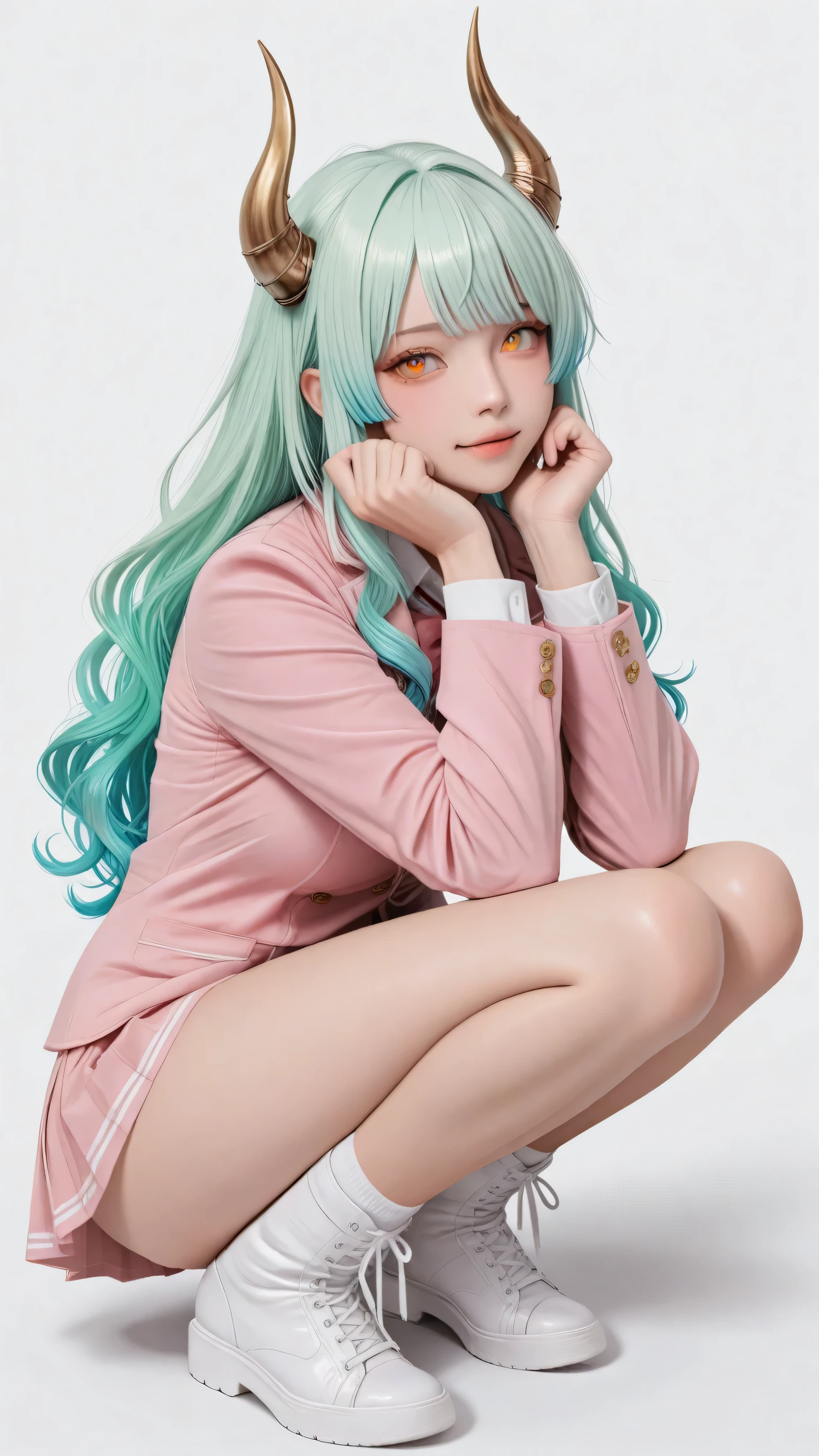 One Woman Squatting、full body shot、 Greatest Masterpiece、 top quality、 Perfect appearance 、 Highest Resolution、 8k、 excellent quality、 detailed eyes、 clear eyes、 Dynamic Configuration、 dynamic pose、 makes the face clearly visible、 low angle、 She's Turning to Her Side、 Side View、 just point your face、 one girl、 solo、 Crouching girl、 full body、 straight、 pink uniform、High school uniform with pink undertones、 detailed faces、 wavy hair with an elegant expression、princess cut、 bangs、 Metal Lamb Horn、 gradation hair、 colorful hair、 bright green hair、 turquoise hair tips、 gradient eye、 Orange Eyes Seen from the Side、 simple white background、
