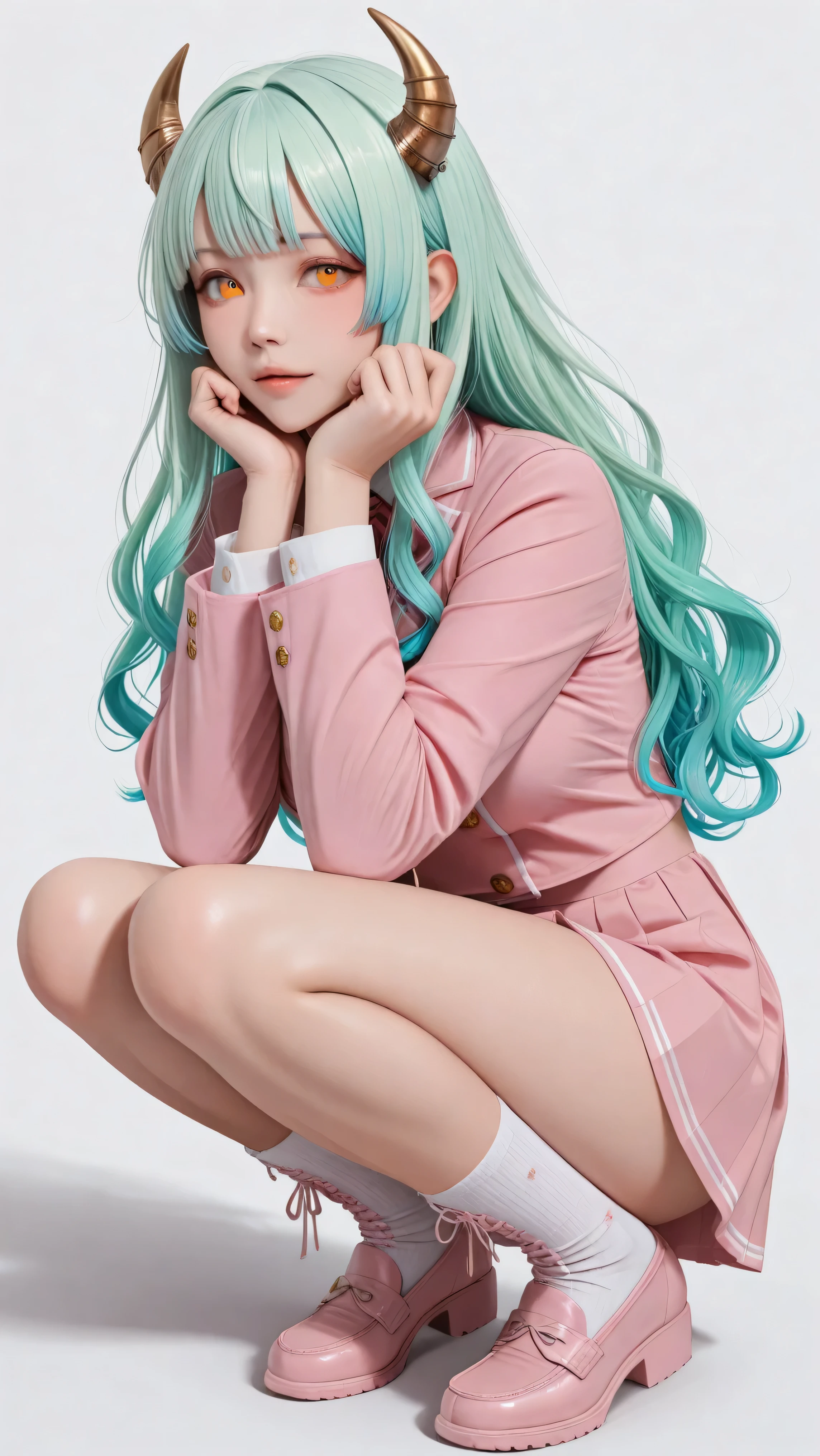 One Woman Squatting、full body shot、 Greatest Masterpiece、 top quality、 Perfect appearance 、 Highest Resolution、 8k、 excellent quality、 detailed eyes、 clear eyes、 Dynamic Configuration、 dynamic pose、 makes the face clearly visible、 low angle、 She's Turning to Her Side、 Side View、 just point your face、 one girl、 solo、 Crouching girl、 full body、 straight、 pink uniform、High school uniform with pink undertones、 detailed faces、 wavy hair with an elegant expression、princess cut、 bangs、 Metal Lamb Horn、 gradation hair、 colorful hair、 bright green hair、 turquoise hair tips、 gradient eye、 Orange Eyes Seen from the Side、 simple white background、
