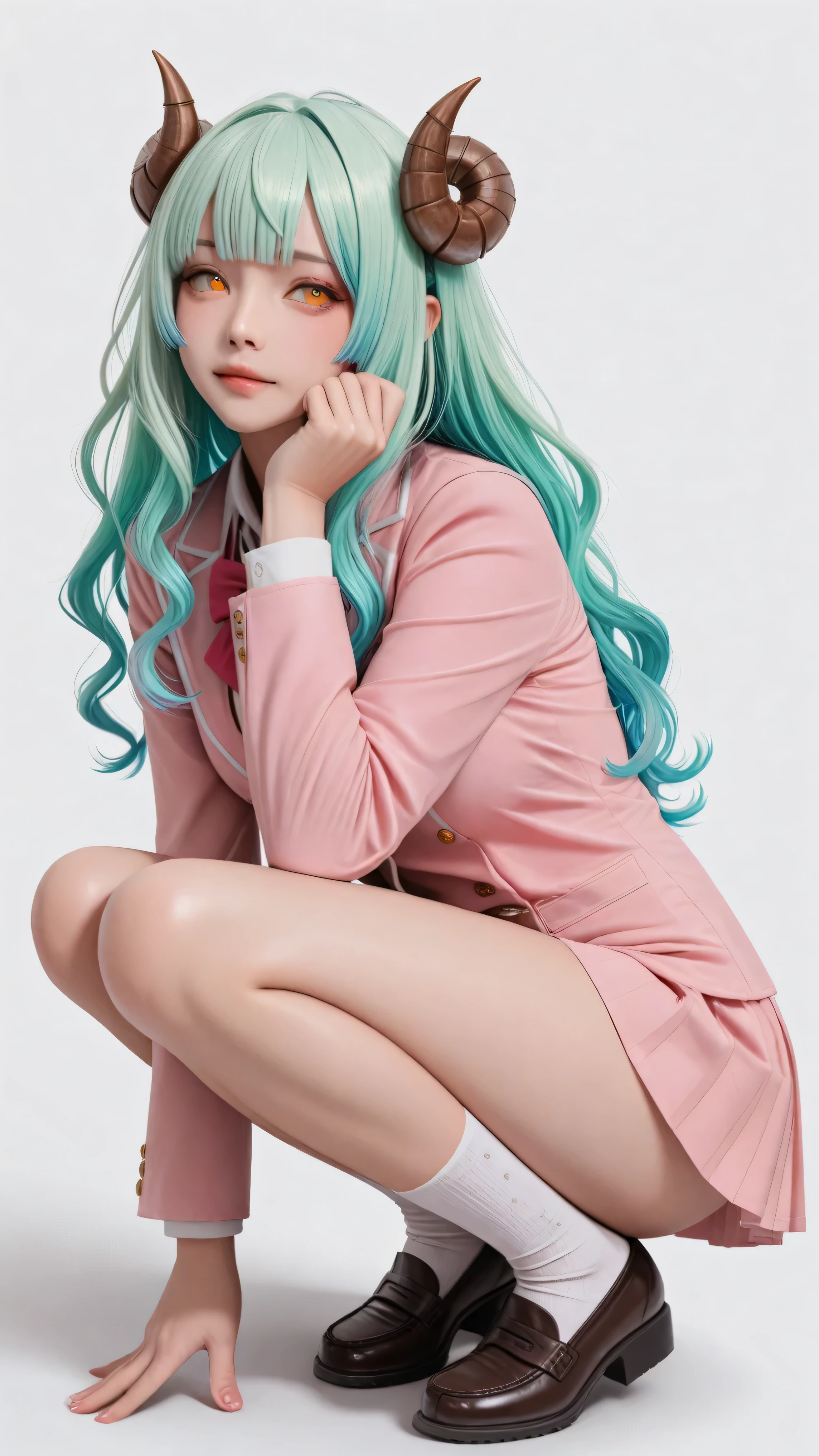 One Woman Squatting、full body shot、 Greatest Masterpiece、 top quality、 Perfect appearance 、 Highest Resolution、 8k、 excellent quality、 detailed eyes、 clear eyes、 Dynamic Configuration、 dynamic pose、 makes the face clearly visible、 low angle、 She's Turning to Her Side、 Side View、 just point your face、 one girl、 solo、 Crouching girl、 full body、 straight、 pink uniform、High school uniform with pink undertones、 detailed faces、 wavy hair with an elegant expression、princess cut、 bangs、 Metal Lamb Horn、 gradation hair、 colorful hair、 bright green hair、 turquoise hair tips、 gradient eye、 Orange Eyes Seen from the Side、 simple white background、