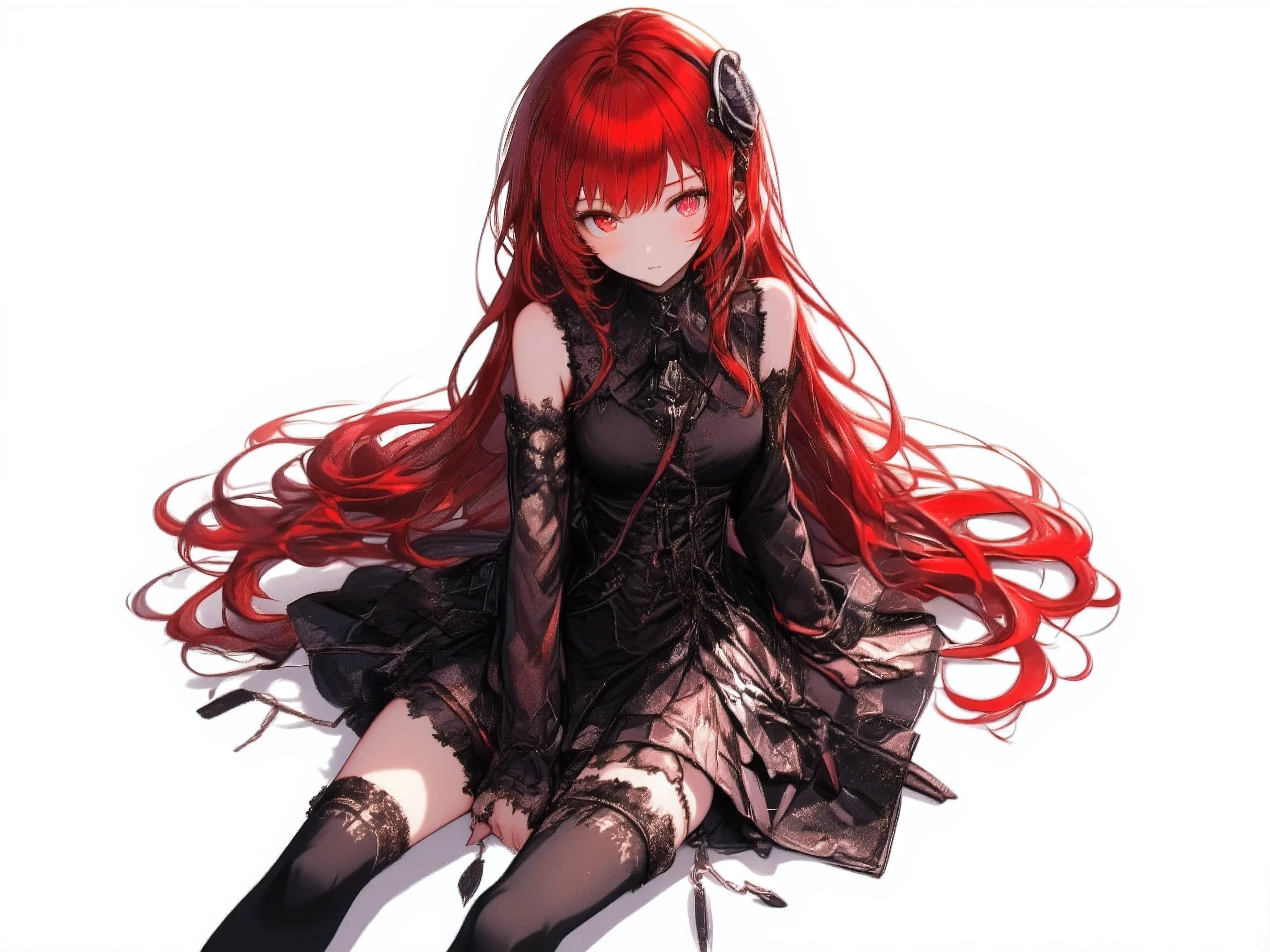 knee-high socks、gothic dress with a short skirt that is in front of the left eye、Red long hair、red eyes、左目の前でピースしている、high image quality、High Quality、angle from above、looking at camera、white background、Sitting and Stretching Legs