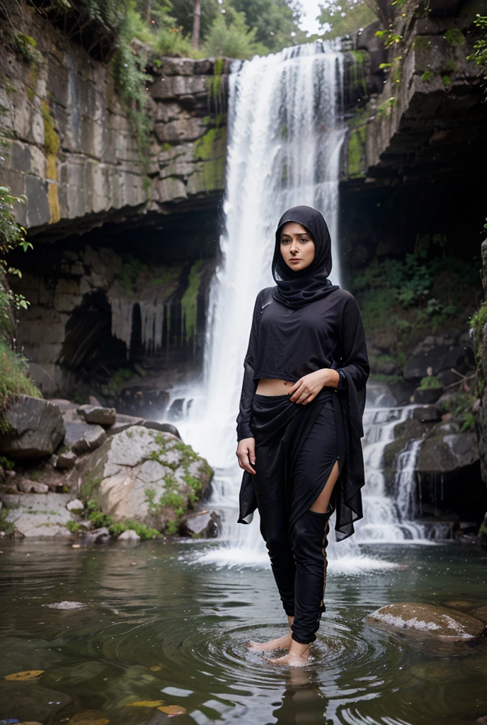A man  beautyful hijab women 20 yo, wet, on the jungle