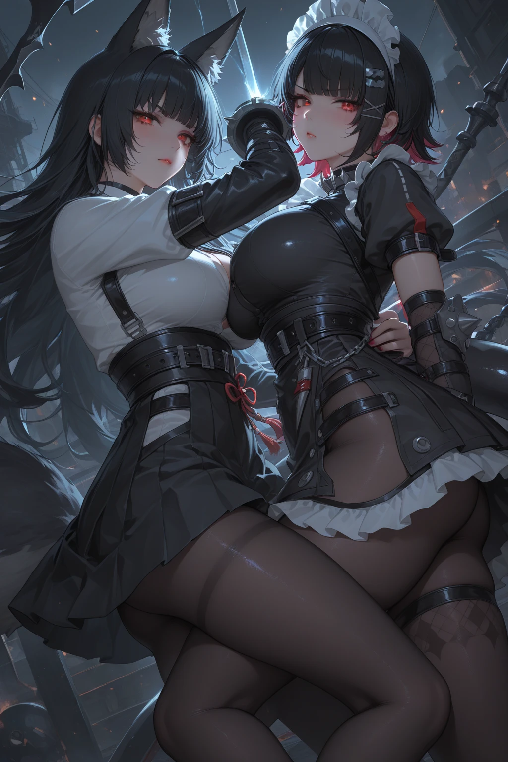 masterpiece, 最high quality, High resolution,  Final Fantasy 7、Tifa Lockhart、Black torn clothes 、Black ripped pantyhose、Dark church at night、sexy、Wearing a mini skirt、Thin legs、Big Breasts、Slim figure、high quality　CG Tone　Torn black panties、scream、Defeat scene、Losing to a woman、Combat in hand-to-hand combat、Fall down