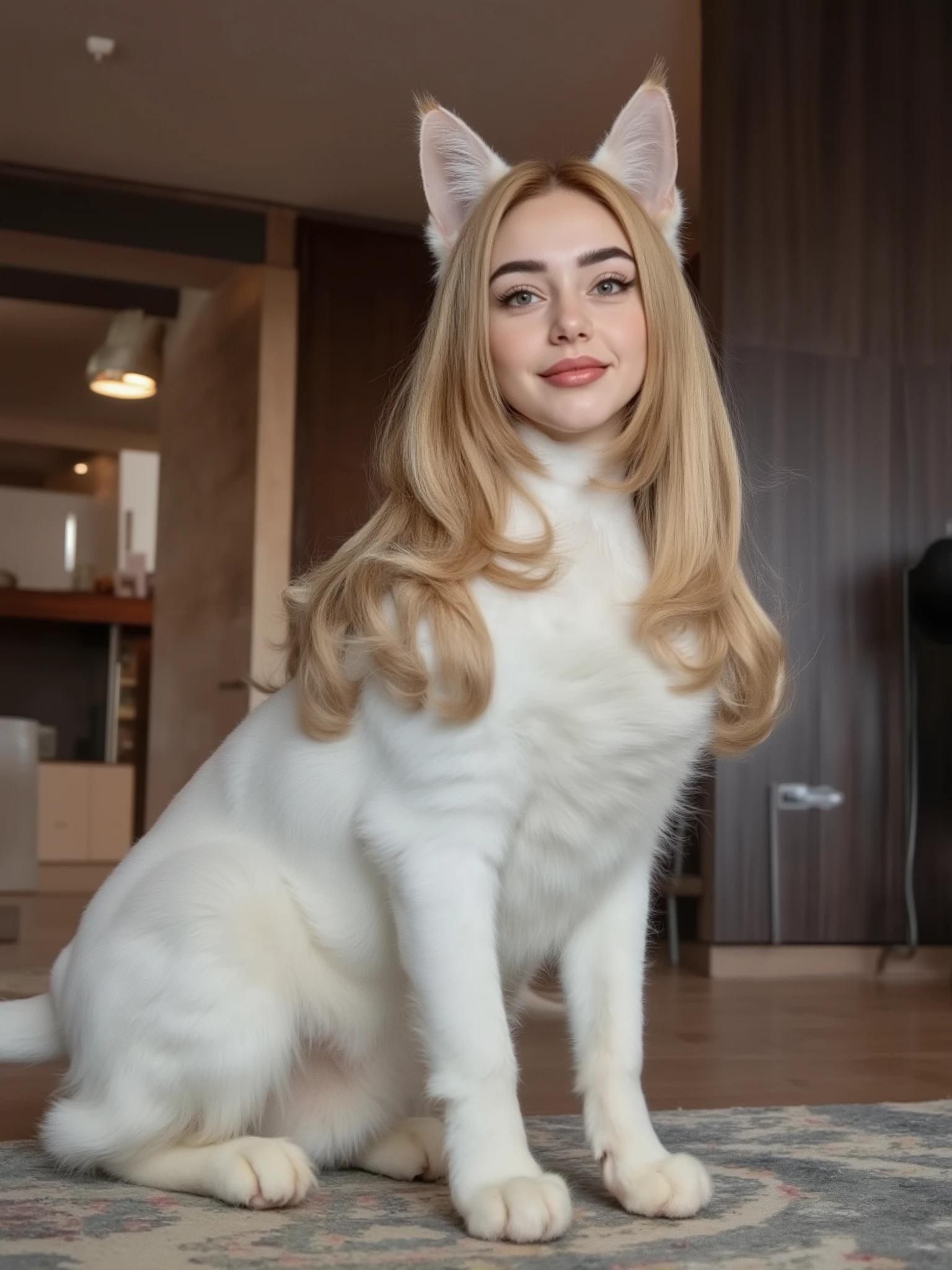 (masterpiece, High quality, high resolution hairstyle, hyperrealistic photograph), Majestic female anthropomorphic cat, hybrid creature standing on the ground on all four legs, humanized feline anatomy in an elegant posture, beautiful female face delicate features, cat whiskers on the face , long, silky blonde hair that falls on her shoulders, triangular cat ears that crown her head, shiny and expressive feline eyes, body completely covered with soft and shiny white fur, long and graceful tail moving to maintain balance, height proportional to an adult woman, defined feline muscles under the fur, proud and elegant posture, Flirty and happy. Modern home interior, LED lighting that creates defined shadows and dramatic contrasts, detailed realistic textures, perfect details of hair and skin, 8K, professional lighting , balanced composition, depth of field