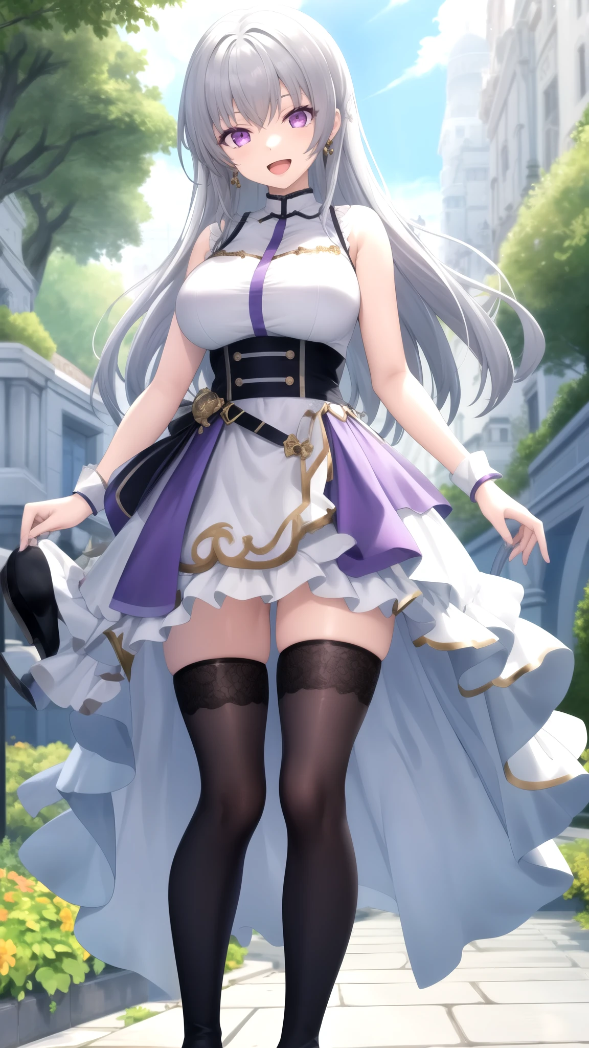 Masterpiece, Best Quality, girl, looking at viewer, Faios, grey hair, purple eyes, large breasts, sleeveless idol dress, very puffy skirt, flared skirt, thigh highs, heeled boots, standing, smile, open mouth, outdoors